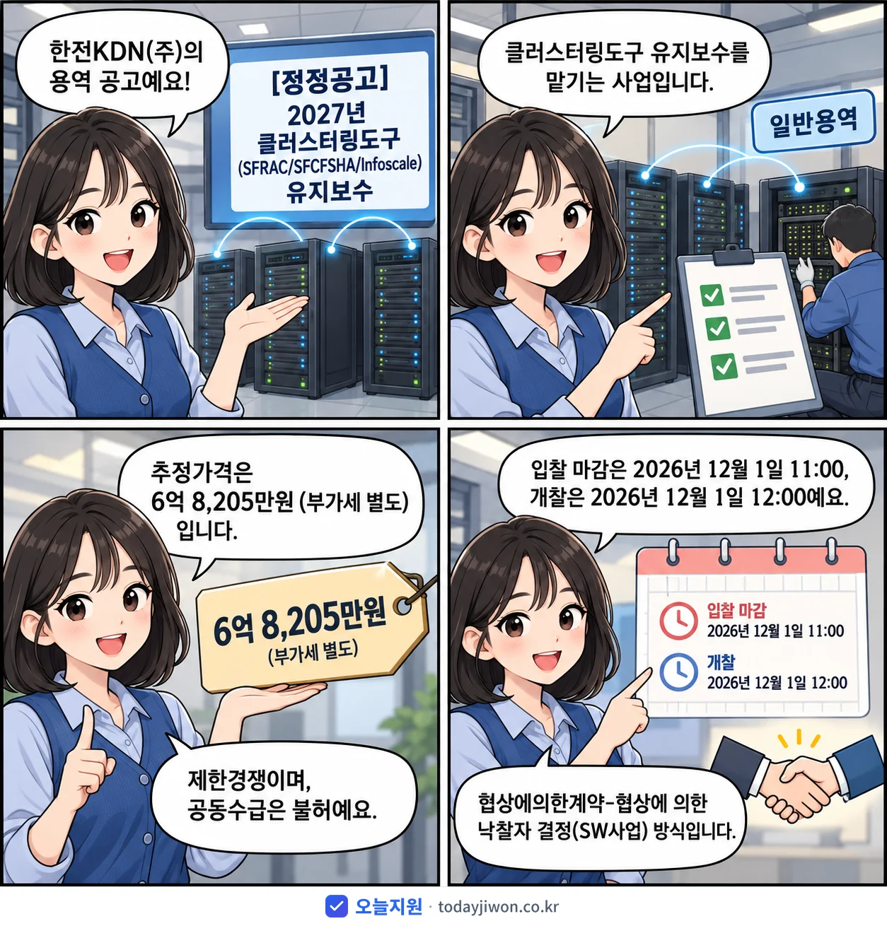 4컷 만화로 보는 공고: 한전KDN(주) '클러스터링도구(SFRAC/SFCFSHA/Infoscale) 유지보수', 추정가격 6억 8,205만원, 입찰 마감 12/1 11:00