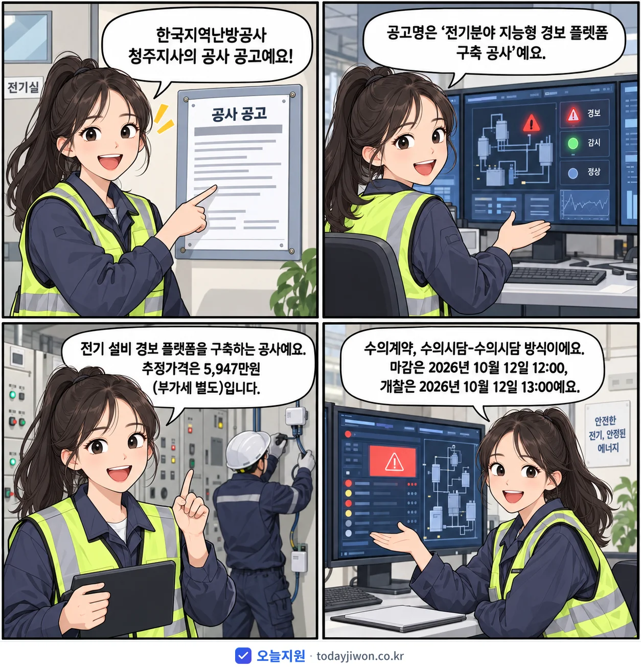 4컷 만화로 보는 공고: 한국지역난방공사 청주지사 '전기분야 지능형 경보 플렛폼 구축 공사', 추정가격 5,947만원, 입찰 마감 10/12 12:00