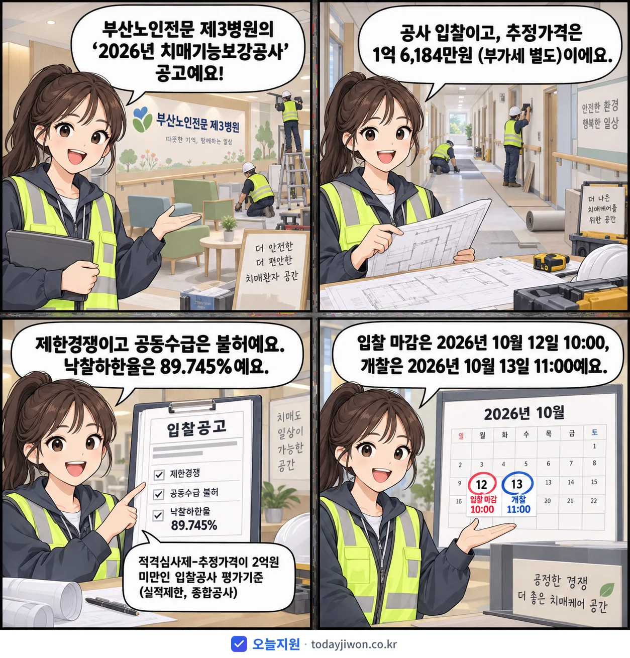 4컷 만화로 보는 공고: 부산노인전문 제3병원 '치매기능보강공사', 추정가격 1억 6,184만원, 입찰 마감 10/12 10:00
