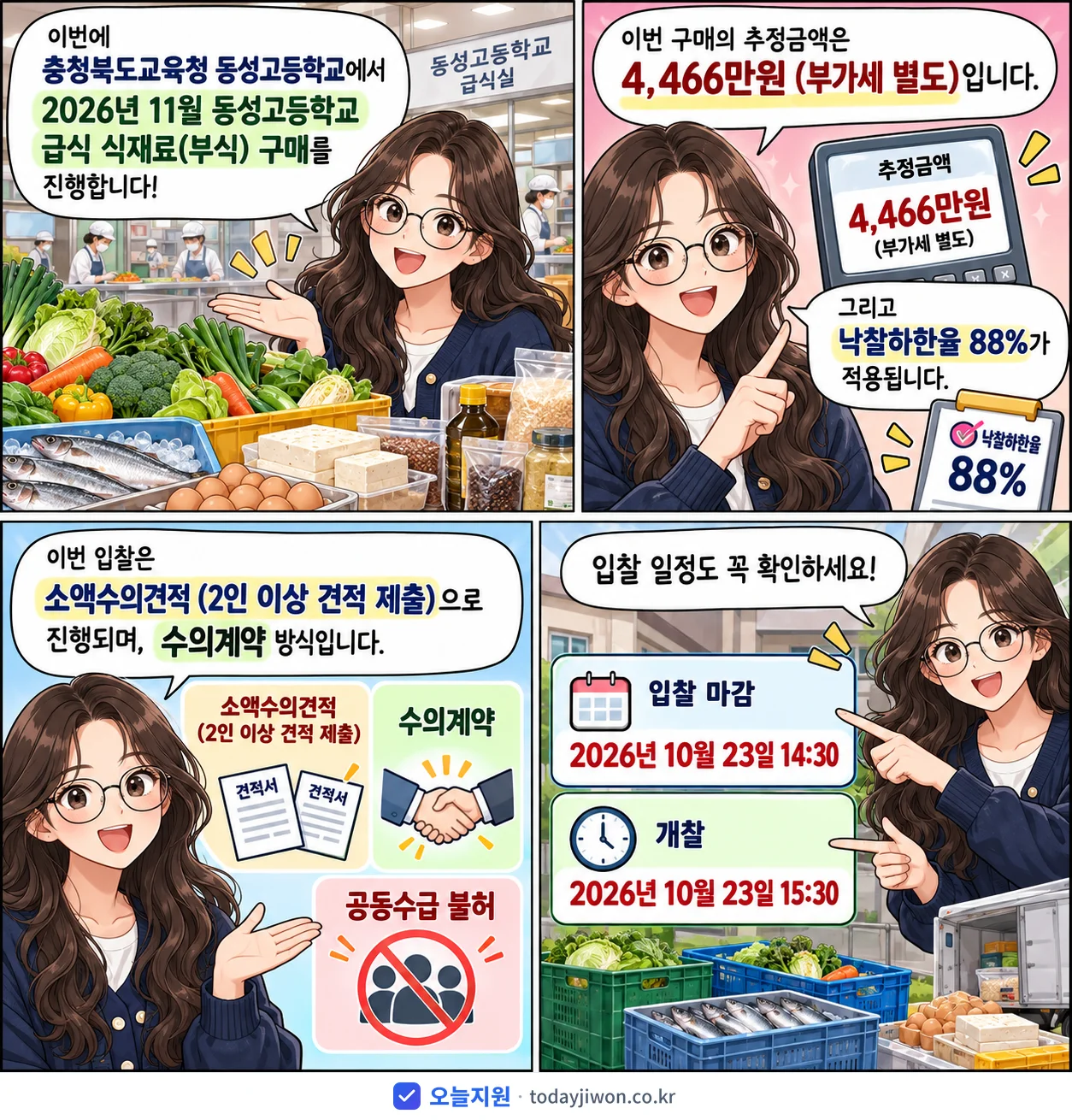 4컷 만화로 보는 공고: 충청북도교육청 동성고등학교 '11월 동성고등학교 급식 식재료(부식) 구매', 추정가격 4,466만원, 입찰 마감 10/23 14:30
