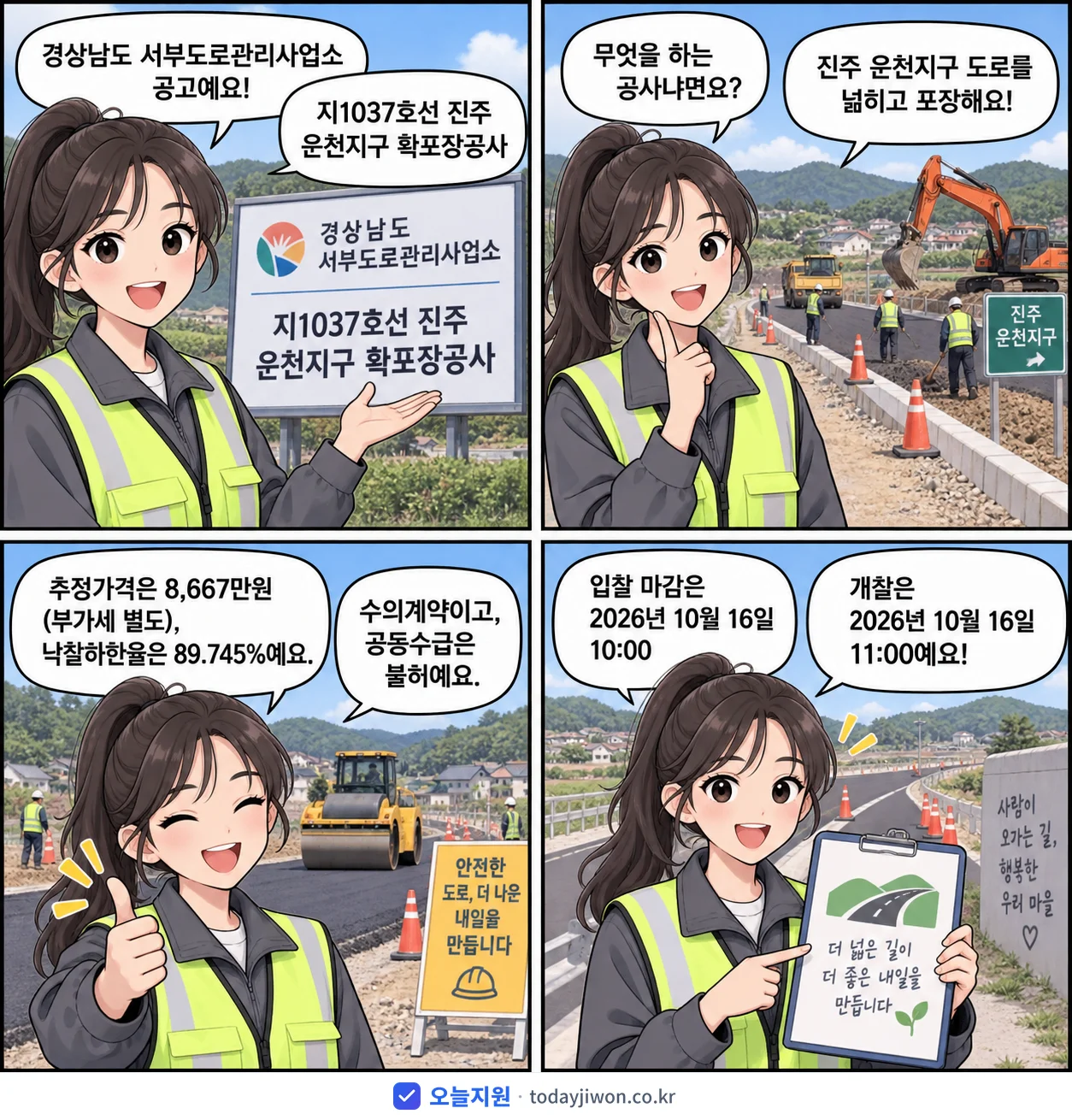 4컷 만화로 보는 공고: 경상남도 서부도로관리사업소 '지1037호선 진주 운천지구 확포장공사', 추정가격 8,667만원, 입찰 마감 10/16 10:00