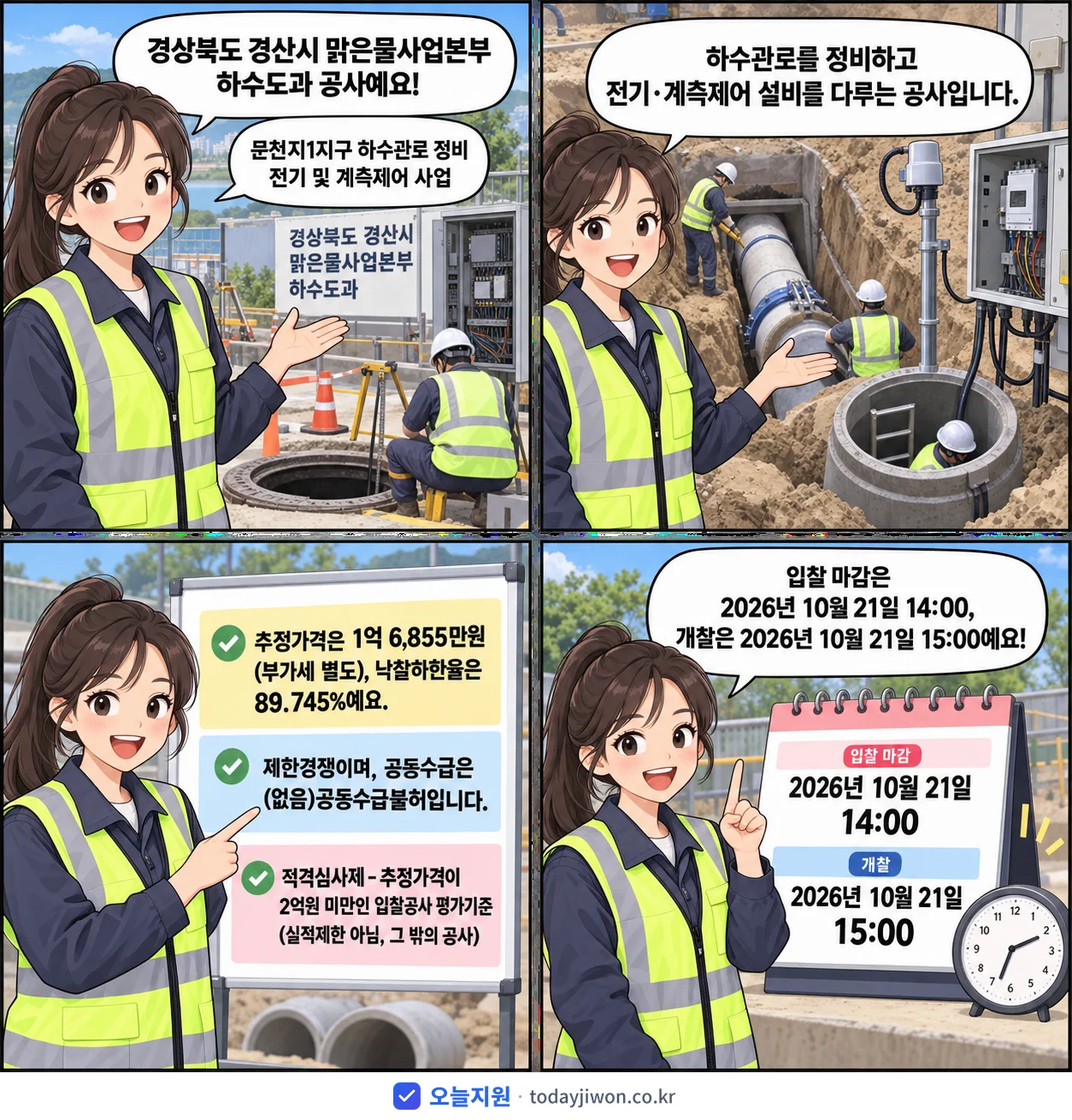 4컷 만화로 보는 공고: 경상북도 경산시 맑은물사업본부 하수도과 '문천지1지구 하수관로 정비 전기 및 계측제어 사업', 추정가격 1억 6,855만원, 입찰 마감 10/21 14:00