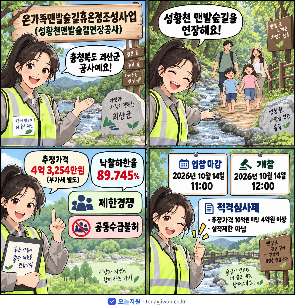 4컷 만화로 보는 공고: 충청북도 괴산군 '온가족맨발숲길휴온정조성사업(성황천맨발숲길연장공사)', 추정가격 4억 3,254만원, 입찰 마감 10/14 11:00