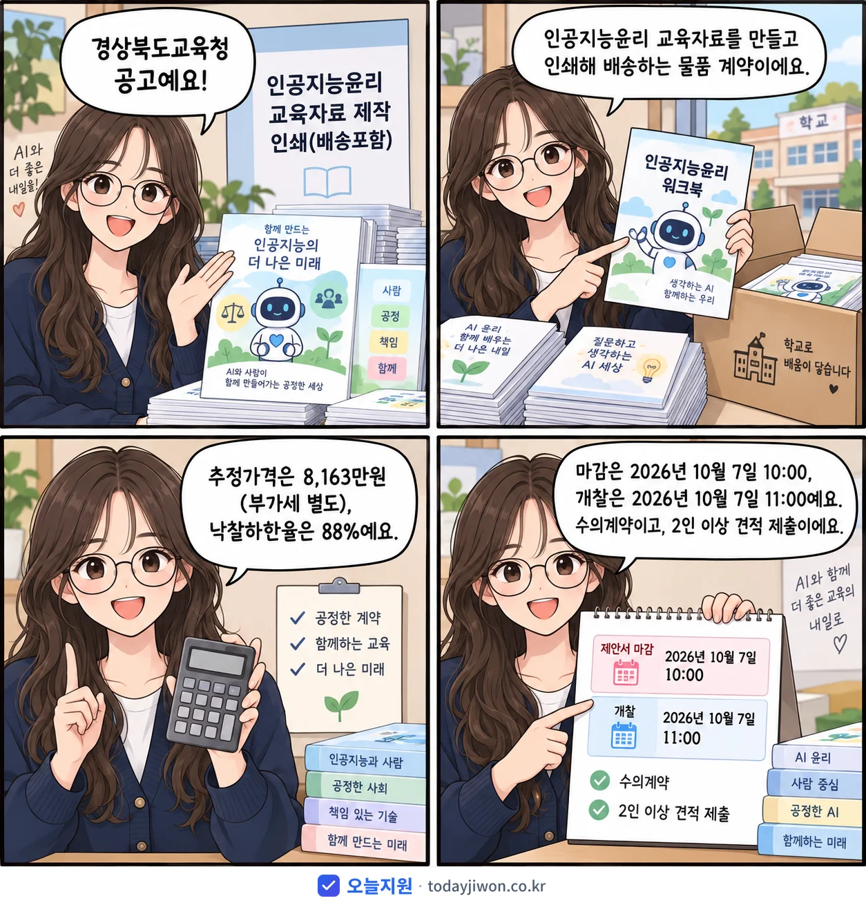 4컷 만화로 보는 공고: 경상북도교육청 '인공지능윤리 교육자료 제작 인쇄(배송포함)', 추정가격 8,163만원, 입찰 마감 10/7 10:00
