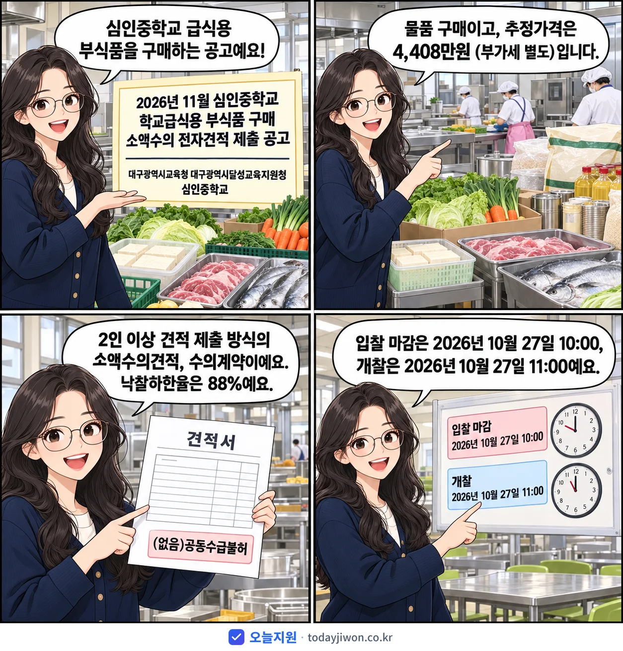 4컷 만화로 보는 공고: 대구광역시교육청 대구광역시달성교육지원청 심인중학교 '11월 심인중학교 학교급식용 부식품 구매 소액수의 전자견적 제출 공고', 추정가격 4,408만원, 입찰 마감 10/27 10:00