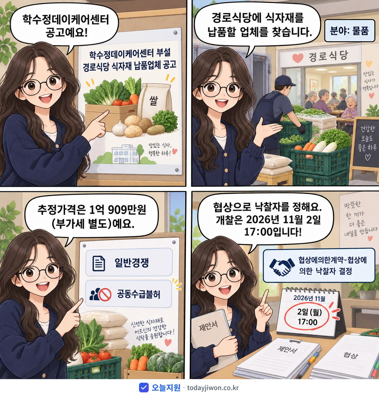 4컷 만화로 보는 공고: 학수정데이케어센터 '학수정데이케어센터 부설 경로식당 식자재 납품업체 공고', 추정가격 1억 909만원