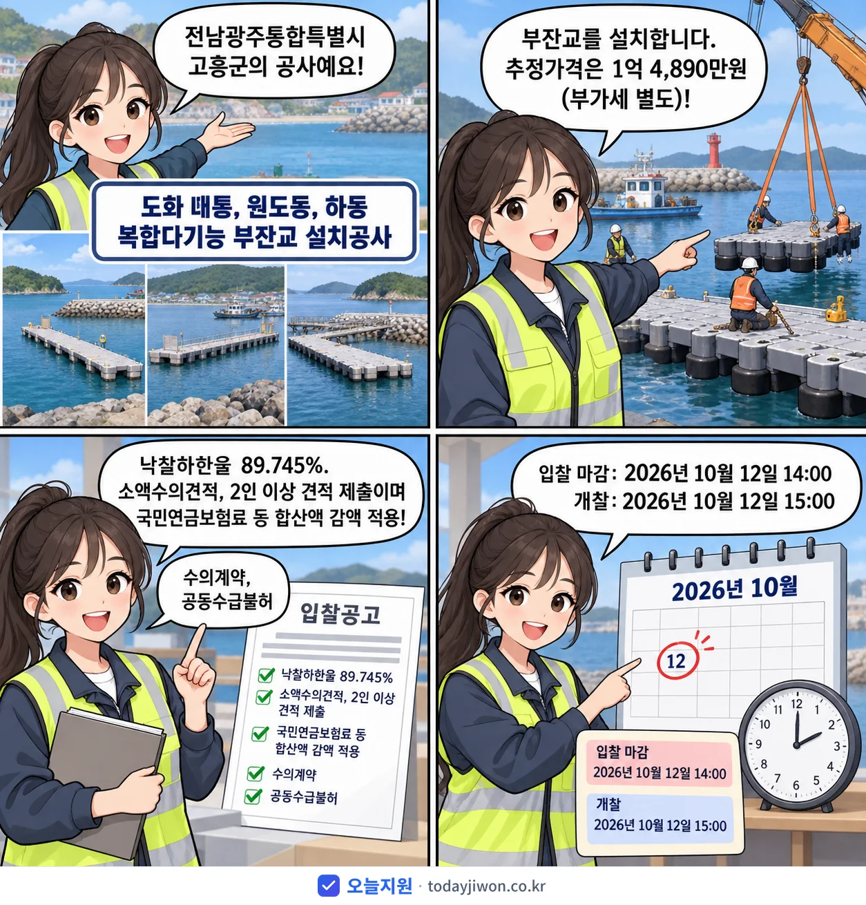 4컷 만화로 보는 공고: 전남광주통합특별시 고흥군 '도화 대통, 원도동, 하동 복합다기능 부잔교 설치공사', 추정가격 1억 4,890만원, 입찰 마감 10/12 14:00
