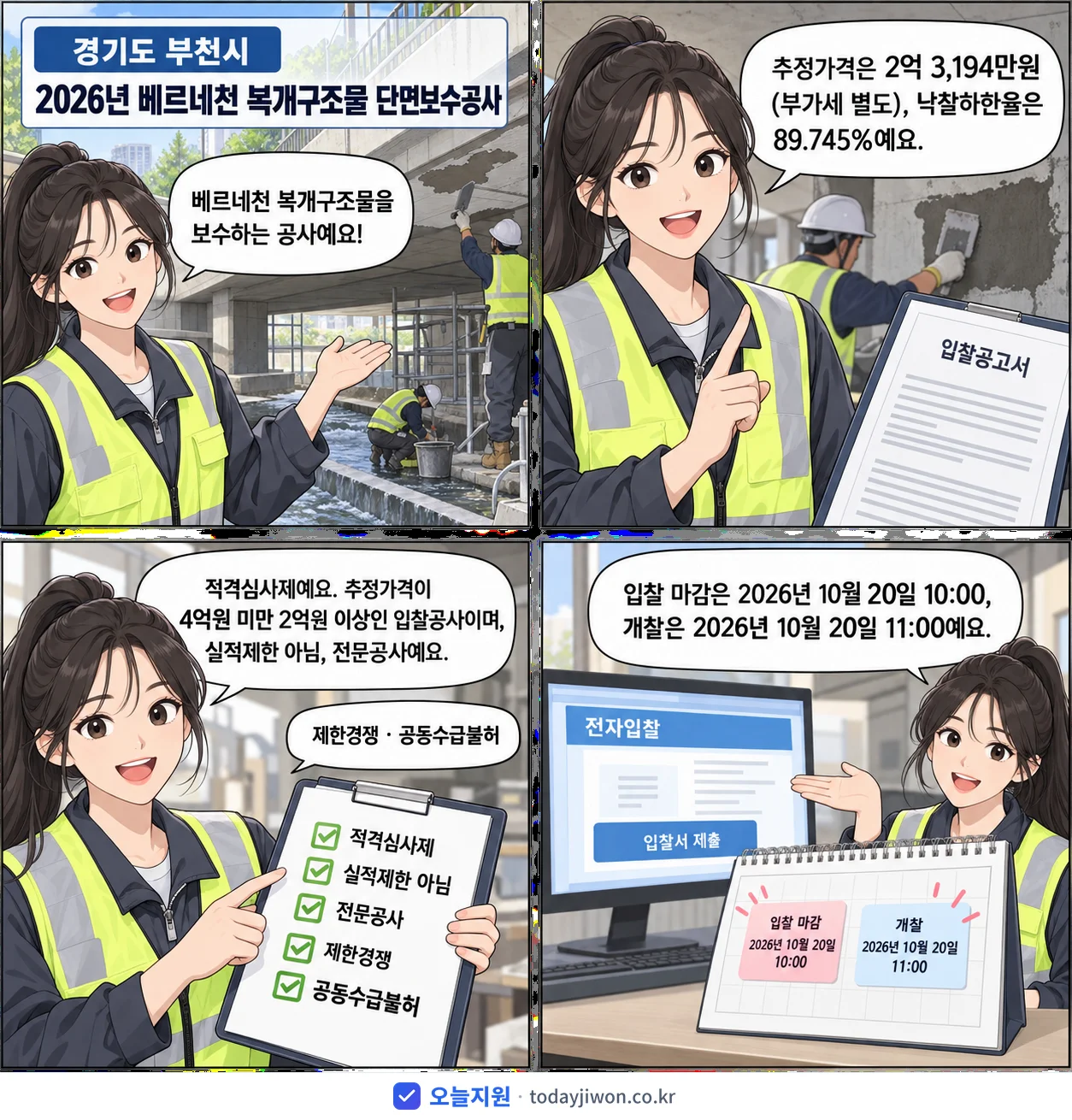 4컷 만화로 보는 공고: 경기도 부천시 '베르네천 복개구조물 단면보수공사', 추정가격 2억 3,194만원, 입찰 마감 10/20 10:00