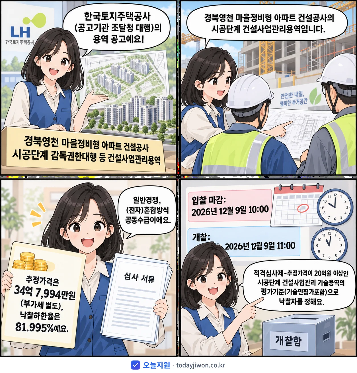4컷 만화로 보는 공고: 한국토지주택공사 '경북영천 마을정비형 아파트 건설공사 시공단계 감독권한대행 등 건설사업관…', 추정가격 34억 7,994만원, 입찰 마감 12/9 10:00