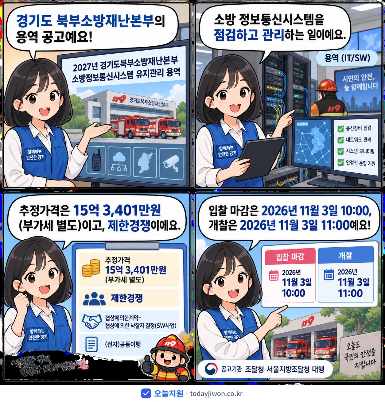 4컷 만화로 보는 공고: 경기도 북부소방재난본부 '경기도북부소방재난본부 소방정보통신시스템 유지관리 용역', 추정가격 15억 3,401만원, 입찰 마감 11/3 10:00