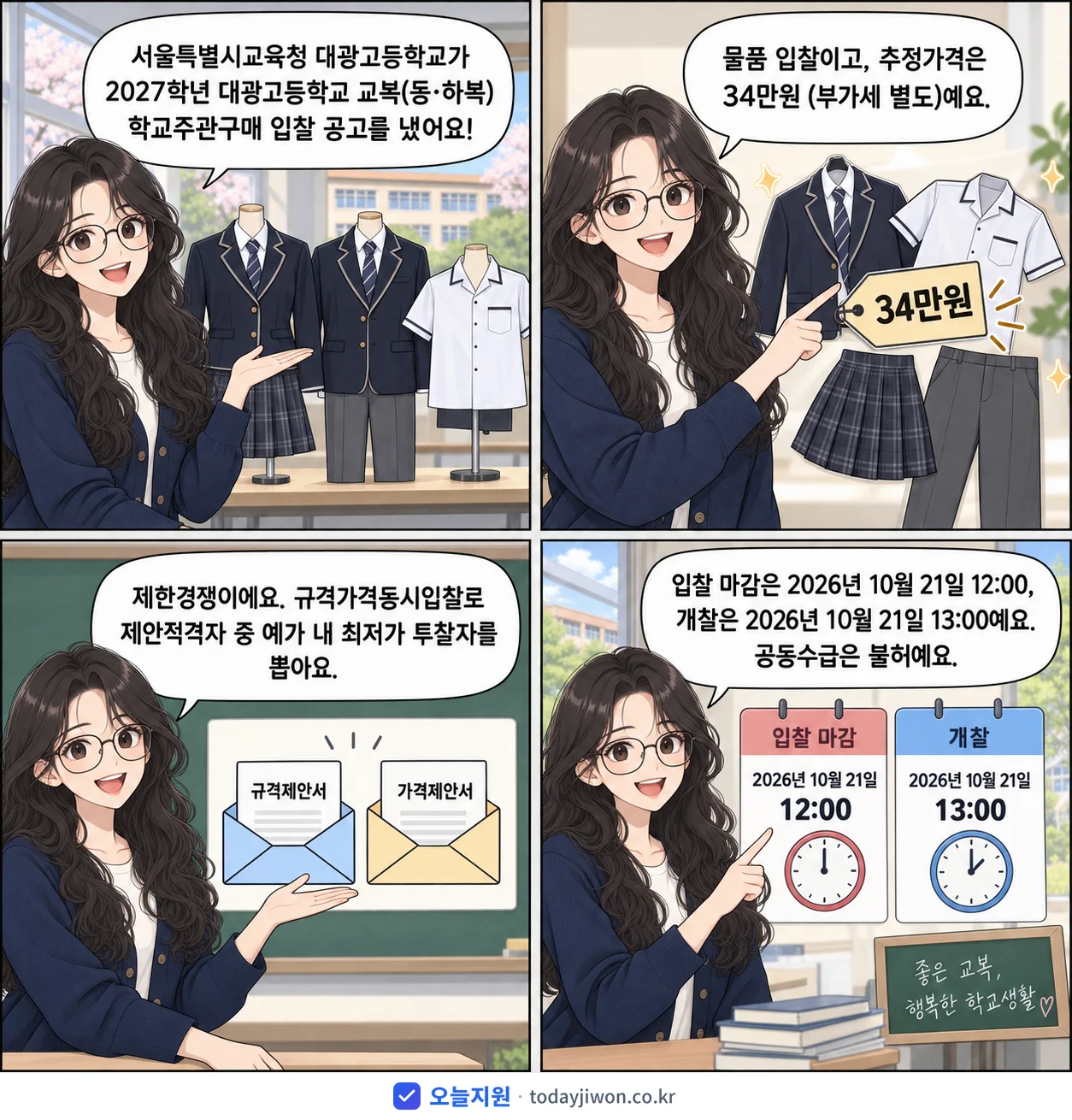4컷 만화로 보는 공고: 서울특별시교육청 대광고등학교 '학년 대광고등학교 교복(동·하복) 학교주관구매 입찰 공고', 추정가격 34만원, 입찰 마감 10/21 12:00