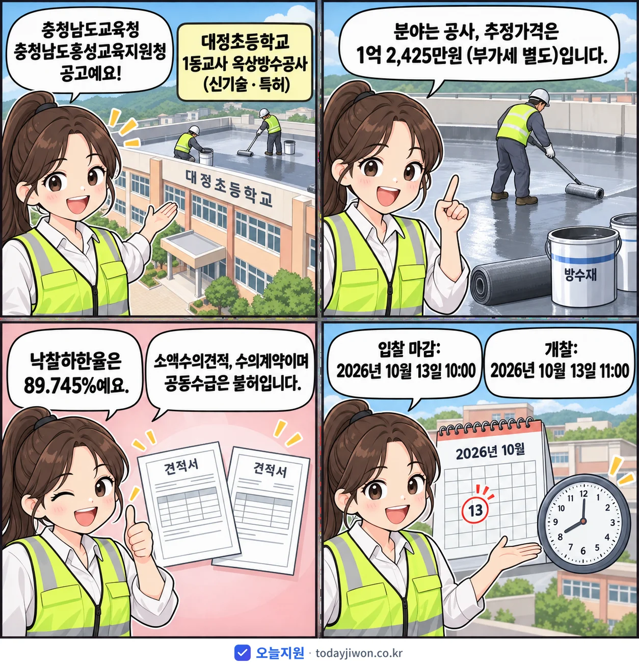 4컷 만화로 보는 공고: 충청남도교육청 충청남도홍성교육지원청 '대정초등학교 1동교사 옥상방수공사(신기술ㆍ특허)', 추정가격 1억 2,425만원, 입찰 마감 10/13 10:00