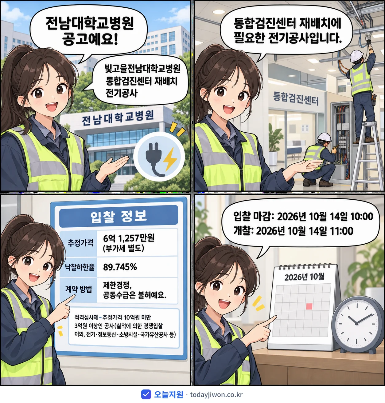 4컷 만화로 보는 공고: 전남대학교병원 '빛고을전남대학교병원 통합검진센터 재배치 전기공사', 추정가격 6억 1,257만원, 입찰 마감 10/14 10:00