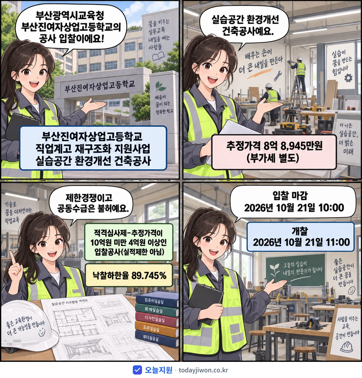 4컷 만화로 보는 공고: 부산광역시교육청 부산진여자상업고등학교 '부산진여자상업고등학교 직업계고 재구조화 지원사업 실습공간 환경개선 건축…', 추정가격 8억 8,945만원, 입찰 마감 10/21 10:00