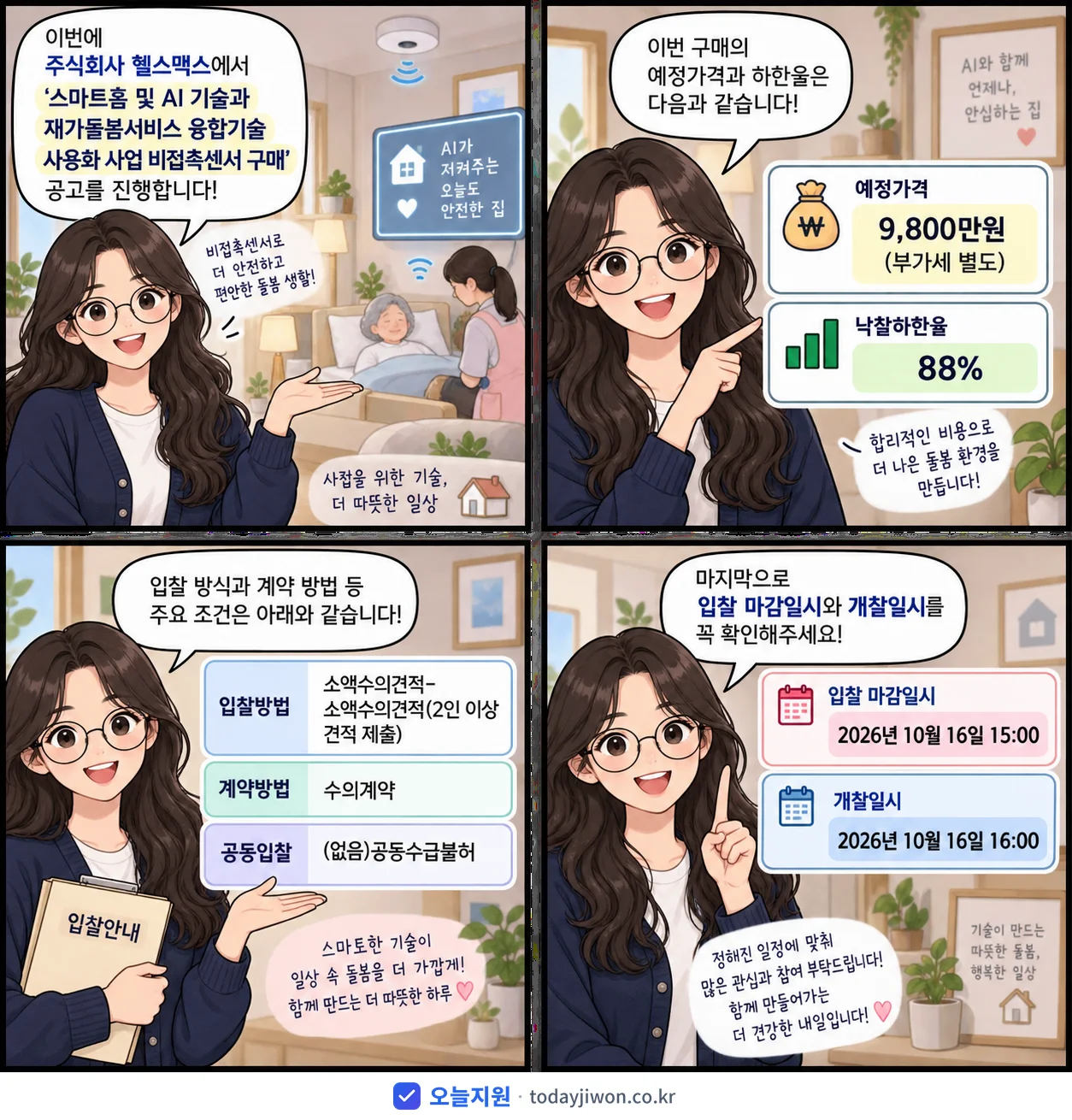4컷 만화로 보는 공고: 주식회사 헬스맥스 '스마트홈 및 AI 기술과 재가돌봄서비스 융합기술 사용화 사업 비접촉센서…', 추정가격 9,800만원, 입찰 마감 10/16 15:00