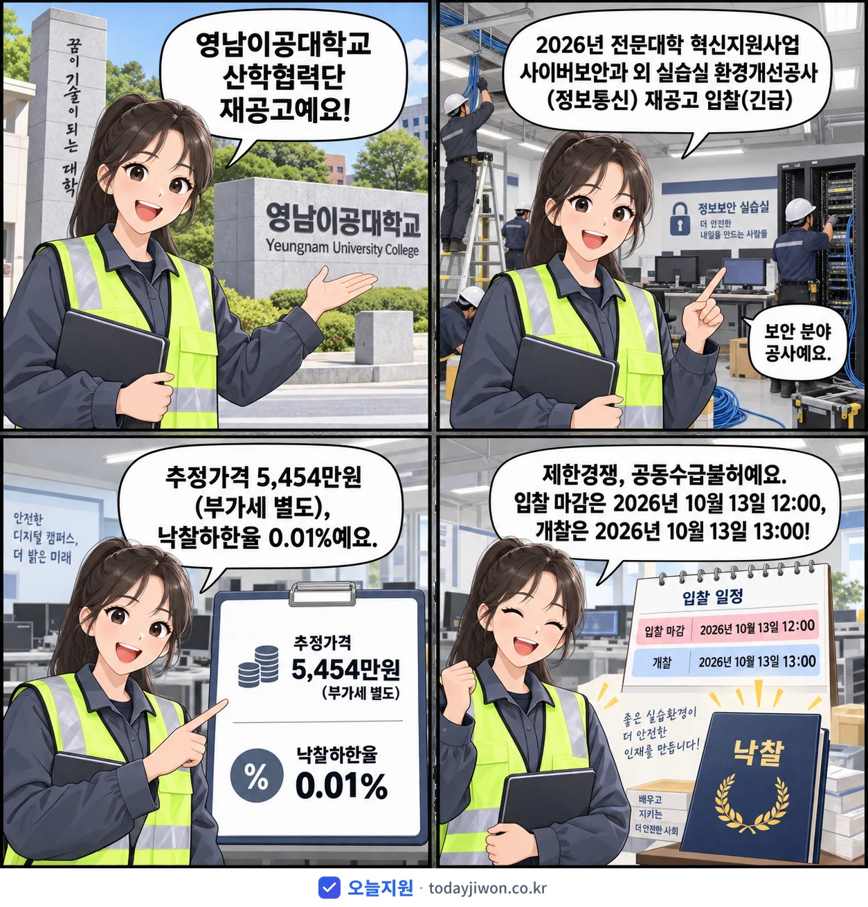 4컷 만화로 보는 공고: 영남이공대학교 산학협력단 '전문대학 혁신지원사업 사이버보안과 외 실습실 환경개선공사(정보통신) 재…', 추정가격 5,454만원, 입찰 마감 10/13 12:00