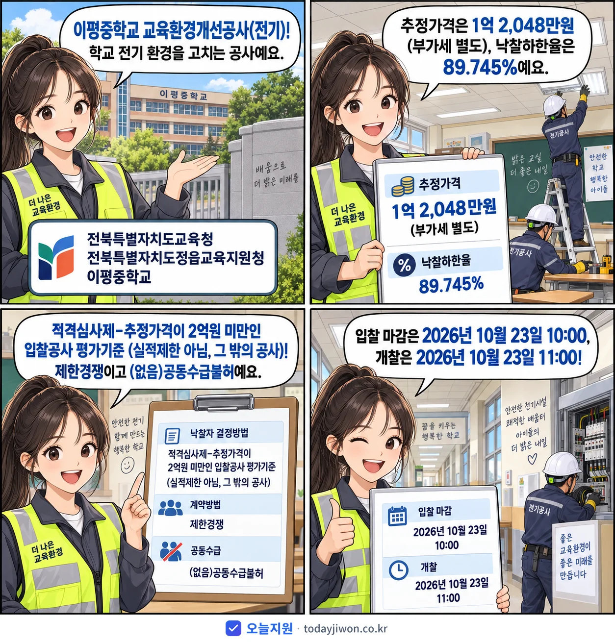 4컷 만화로 보는 공고: 전북특별자치도교육청 전북특별자치도정읍교육지원청 이평중학교 '이평중학교 교육환경개선공사(전기)', 추정가격 1억 2,048만원, 입찰 마감 10/23 10:00