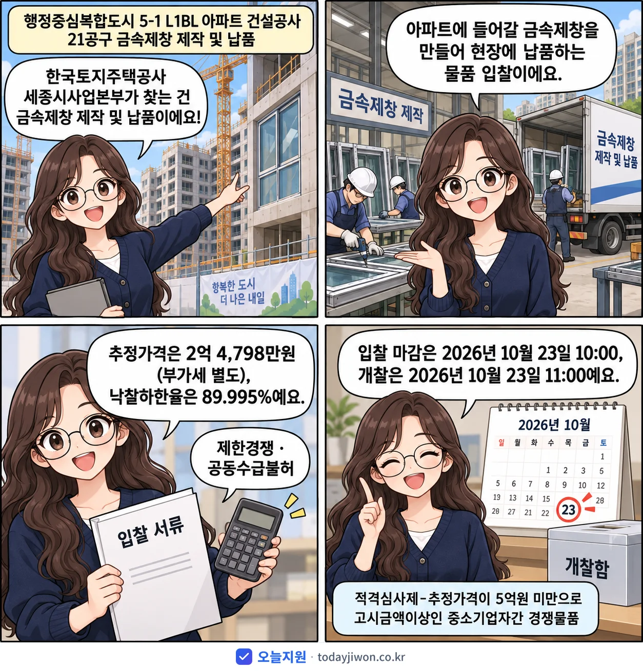 4컷 만화로 보는 공고: 한국토지주택공사 세종시사업본부 '행정중심복합도시 5-1 L1BL 아파트 건설공사 21공구 금속제창 제작…', 추정가격 2억 4,798만원, 입찰 마감 10/23 10:00
