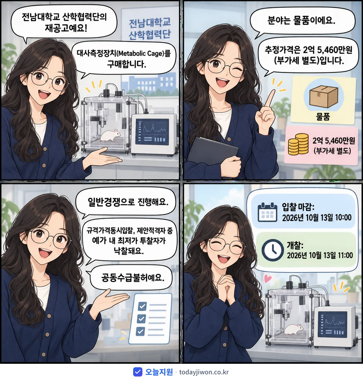 4컷 만화로 보는 공고: 전남대학교 산학협력단 '대사측정장치(Metabolic Cage)', 추정가격 2억 5,460만원, 입찰 마감 10/13 10:00