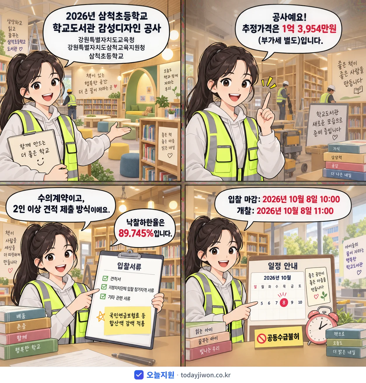 4컷 만화로 보는 공고: 강원특별자치도교육청 강원특별자치도삼척교육지원청 삼척초등학교 '삼척초등학교 학교도서관 감성디자인 공사', 추정가격 1억 3,954만원, 입찰 마감 10/8 10:00