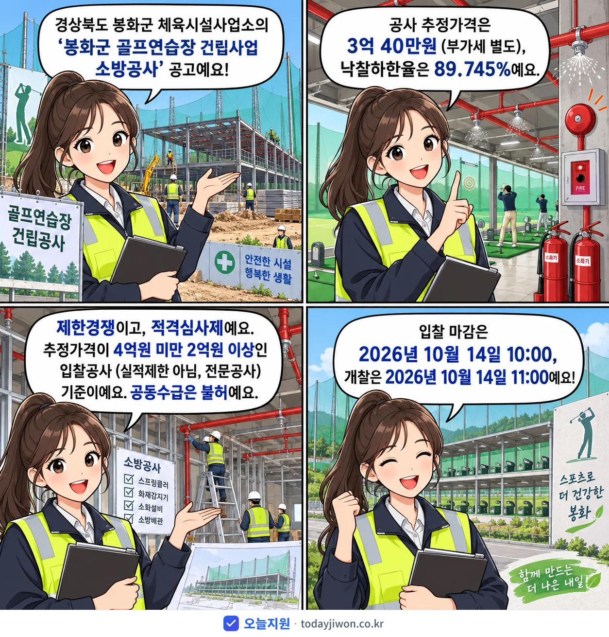 4컷 만화로 보는 공고: 경상북도 봉화군 체육시설사업소 '봉화군 골프연습장 건립사업 소방공사', 추정가격 3억 40만원, 입찰 마감 10/14 10:00