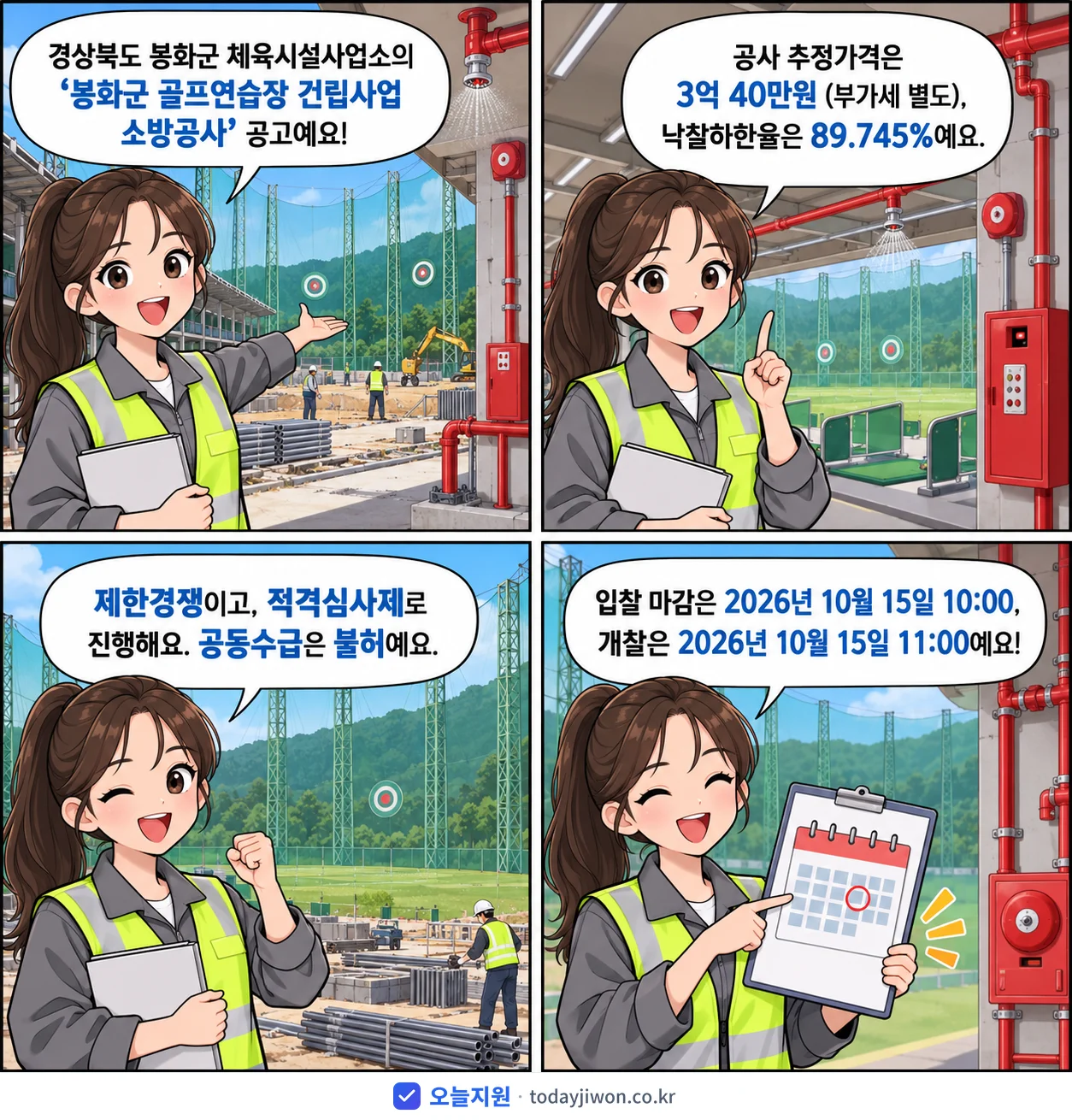 4컷 만화로 보는 공고: 경상북도 봉화군 체육시설사업소 '봉화군 골프연습장 건립사업 소방공사', 추정가격 3억 40만원, 입찰 마감 10/15 10:00