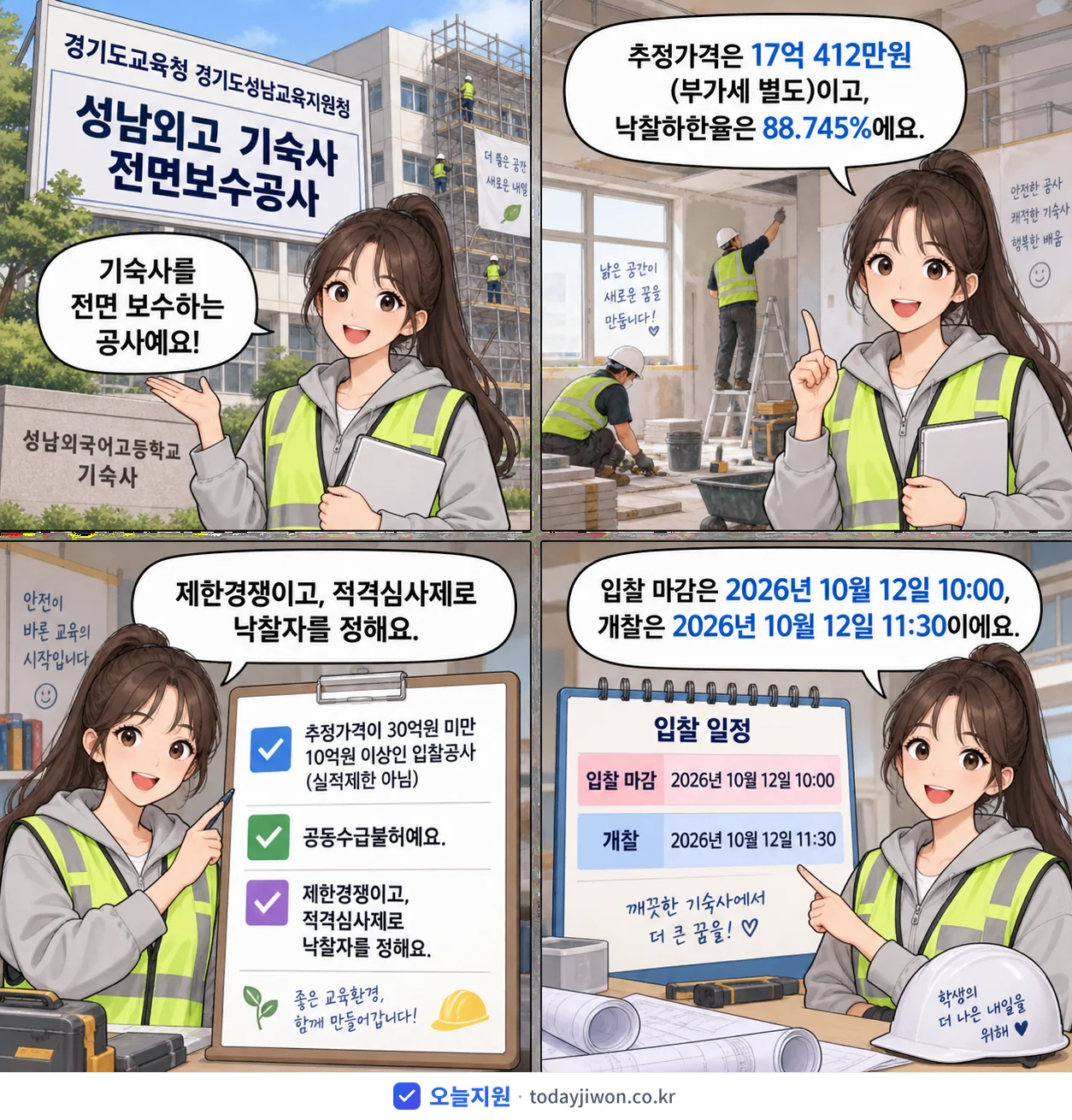 4컷 만화로 보는 공고: 경기도교육청 경기도성남교육지원청 '성남외고 기숙사 전면보수공사', 추정가격 17억 412만원, 입찰 마감 10/12 10:00