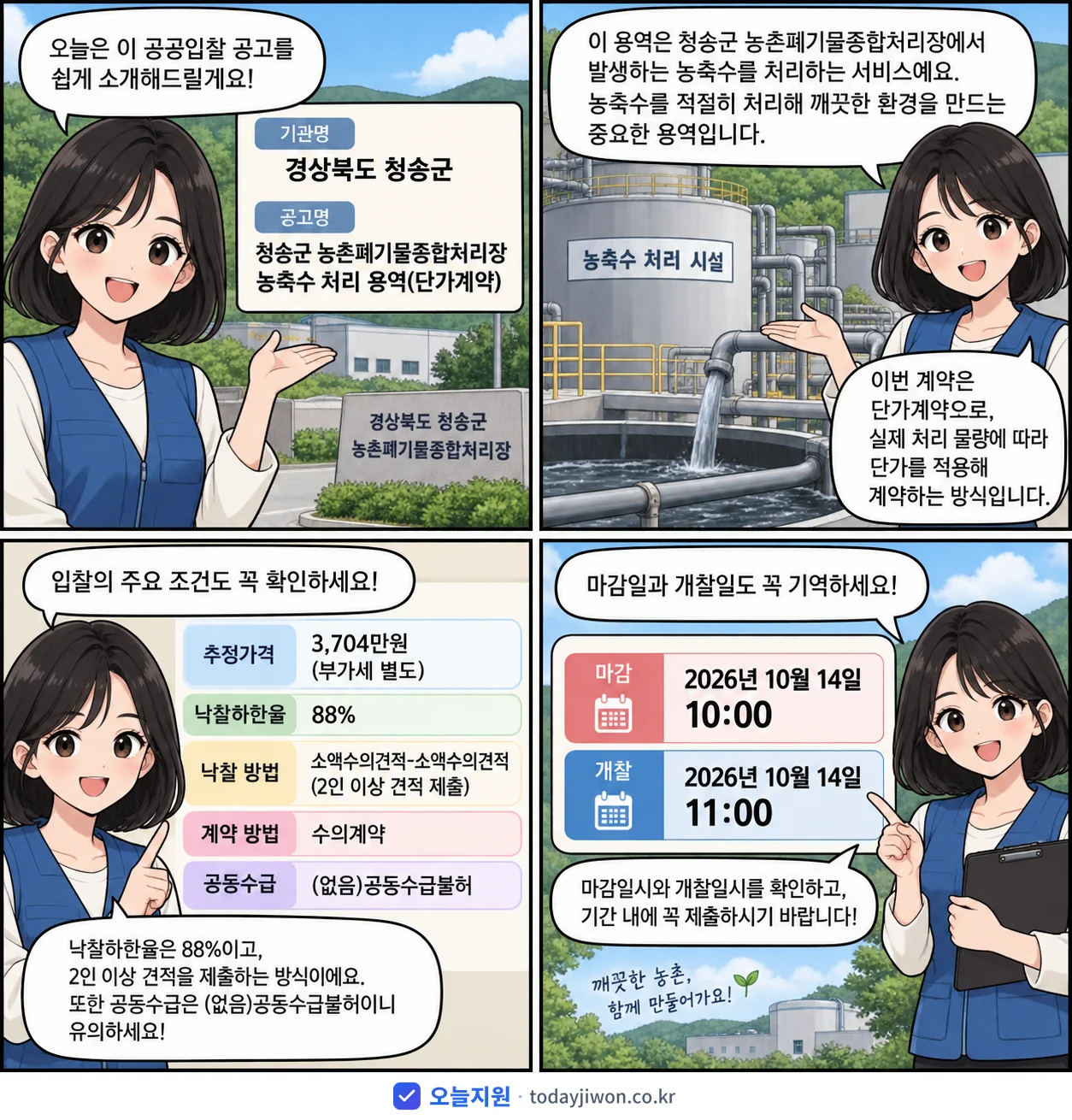 4컷 만화로 보는 공고: 경상북도 청송군 '청송군 농촌폐기물종합처리장 농축수 처리 용역', 추정가격 3,704만원, 입찰 마감 10/14 10:00