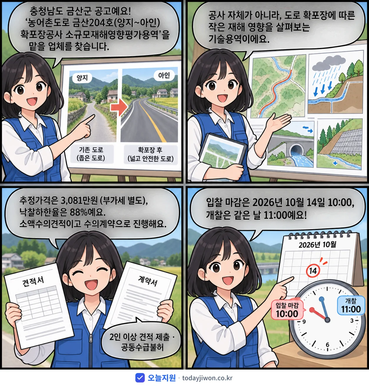 4컷 만화로 보는 공고: 충청남도 금산군 '농어촌도로 금산204호(양지~아인) 확포장공사 소규모재해영향평가용역', 추정가격 3,081만원, 입찰 마감 10/14 10:00