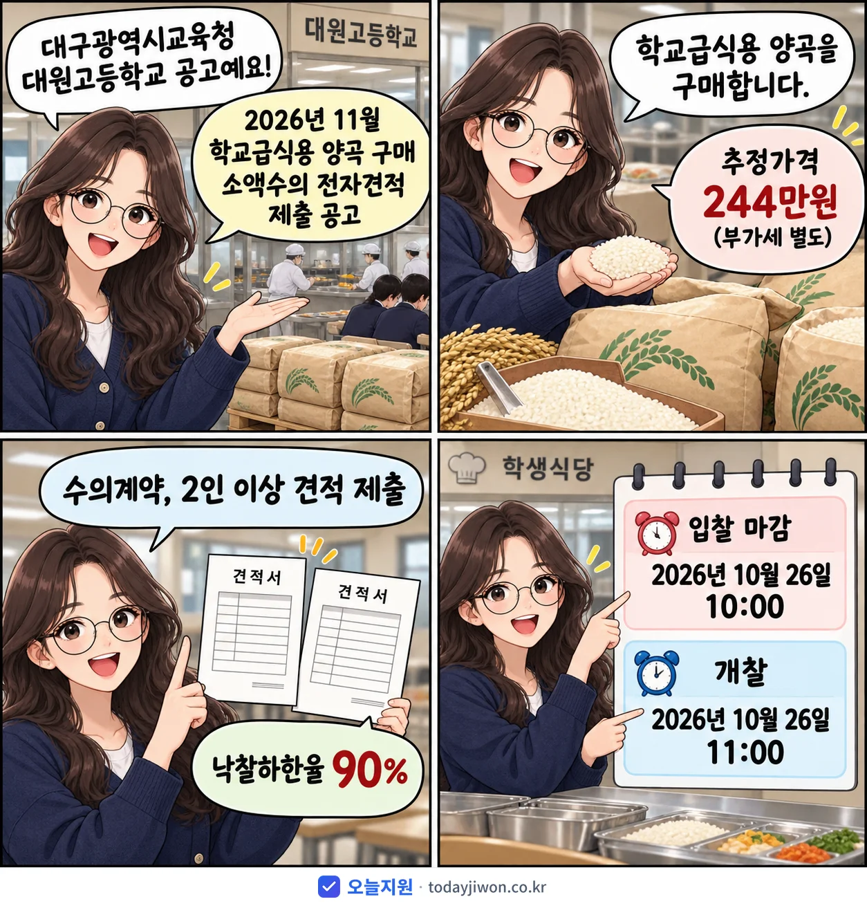 4컷 만화로 보는 공고: 대구광역시교육청 대원고등학교 '11월 학교급식용 양곡 구매 소액수의 전자견적 제출 공고', 추정가격 244만원, 입찰 마감 10/26 10:00