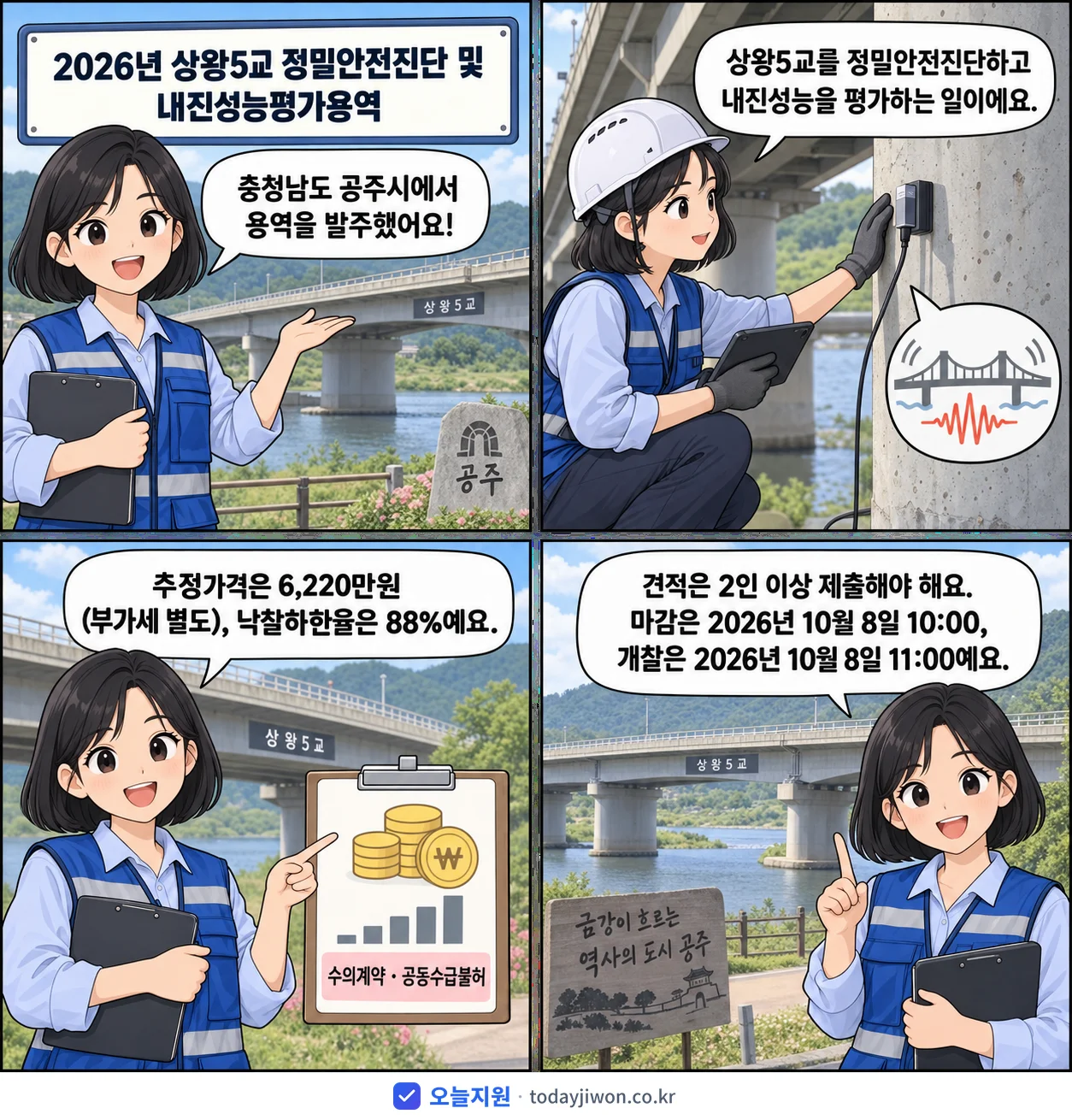 4컷 만화로 보는 공고: 충청남도 공주시 '상왕5교 정밀안전진단 및 내진성능평가용역', 추정가격 6,220만원, 입찰 마감 10/8 10:00