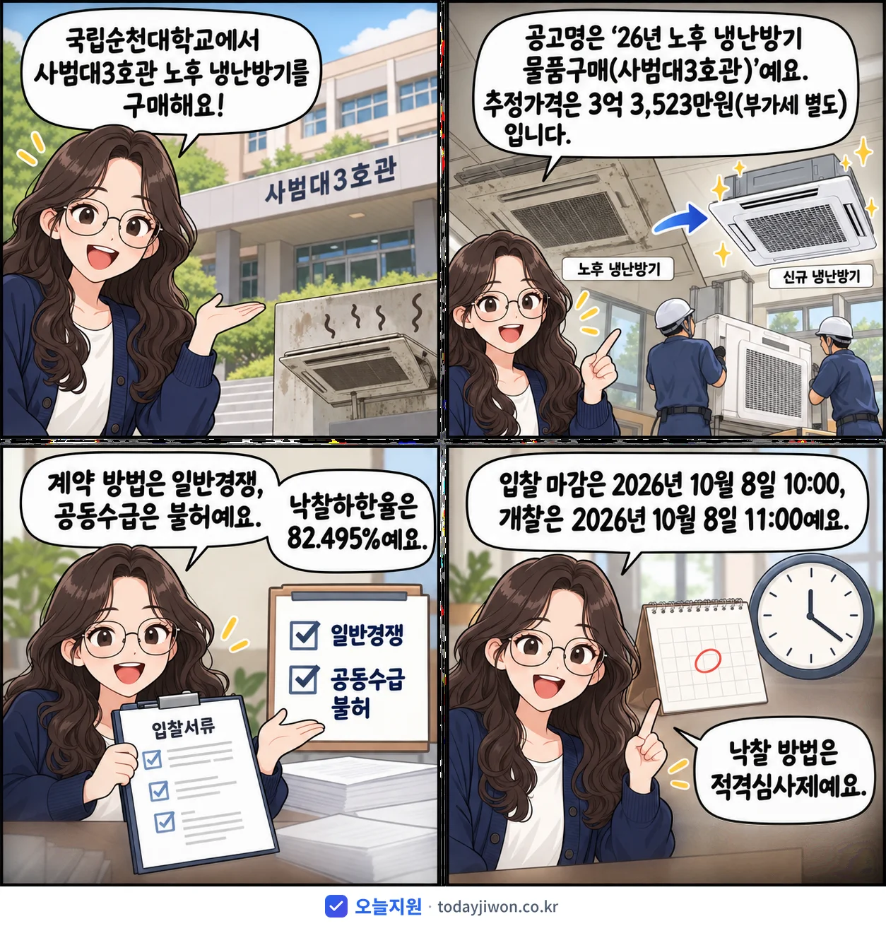 4컷 만화로 보는 공고: 국립순천대학교 '26년 노후 냉난방기 물품구매(사범대3호관)', 추정가격 3억 3,523만원, 입찰 마감 10/8 10:00