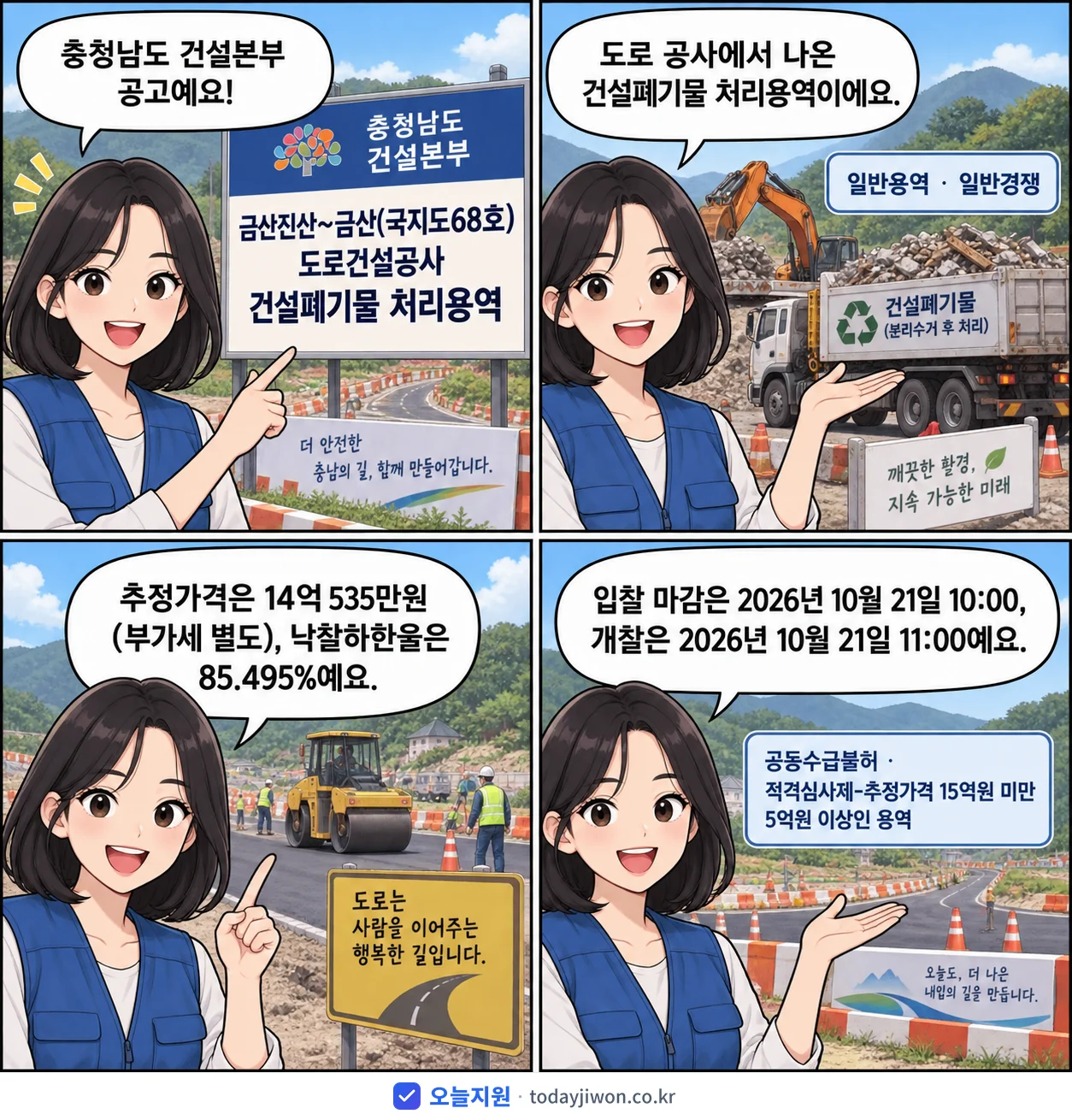 4컷 만화로 보는 공고: 충청남도 건설본부 '금산진산~금산(국지도68호) 도로건설공사 건설폐기물 처리용역', 추정가격 14억 535만원, 입찰 마감 10/21 10:00