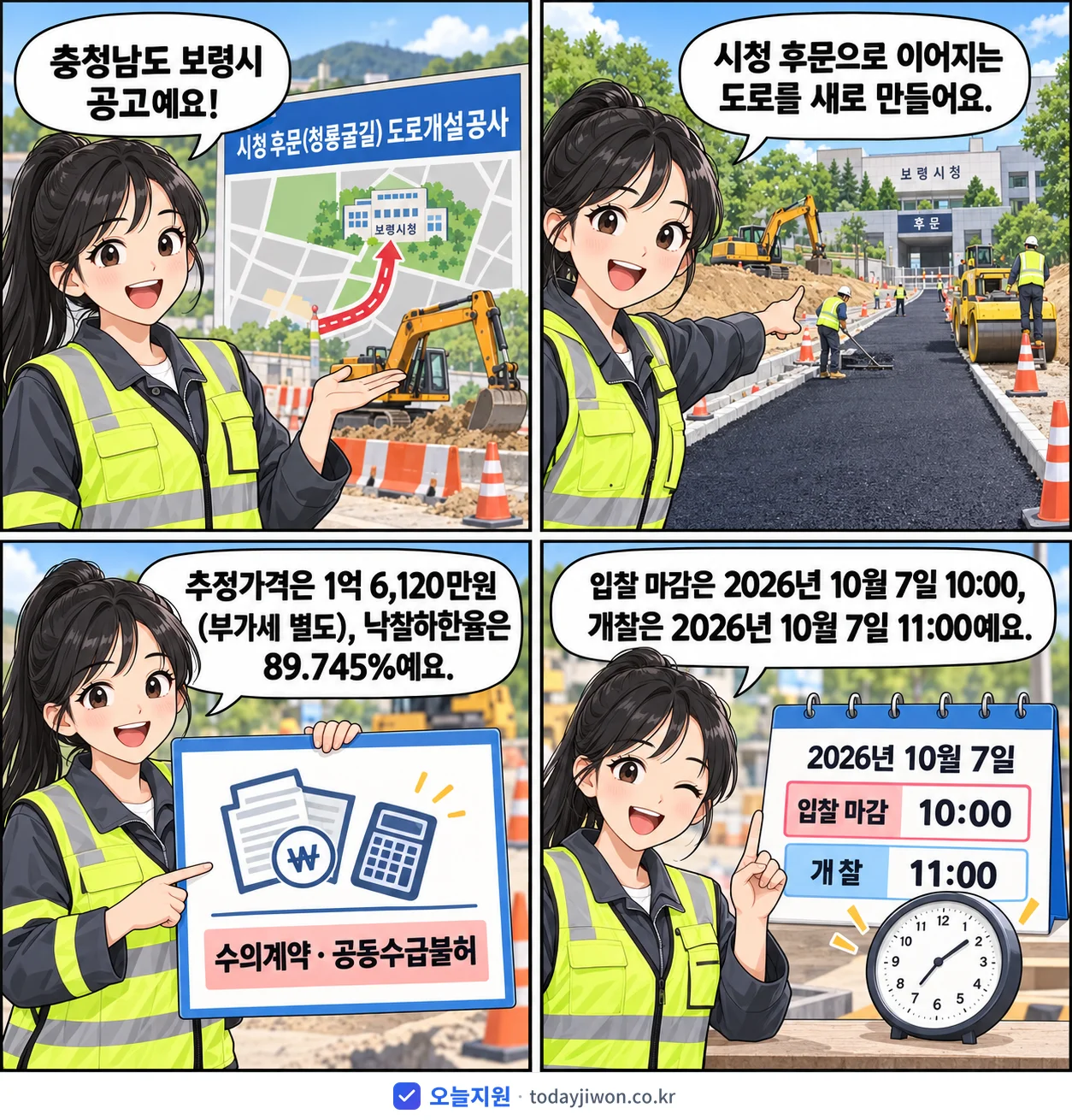 4컷 만화로 보는 공고: 충청남도 보령시 '시청후문(청룡굴길) 도로개설공사', 추정가격 1억 6,120만원, 입찰 마감 10/7 10:00