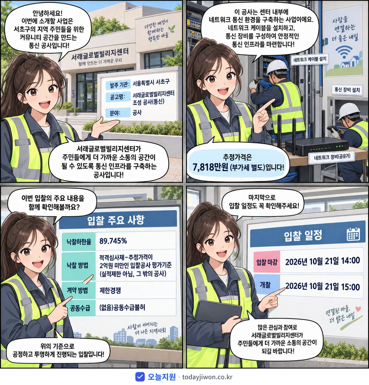 4컷 만화로 보는 공고: 서울특별시 서초구 '서래글로벌빌리지센터 조성 공사(통신)', 추정가격 7,818만원, 입찰 마감 10/21 14:00