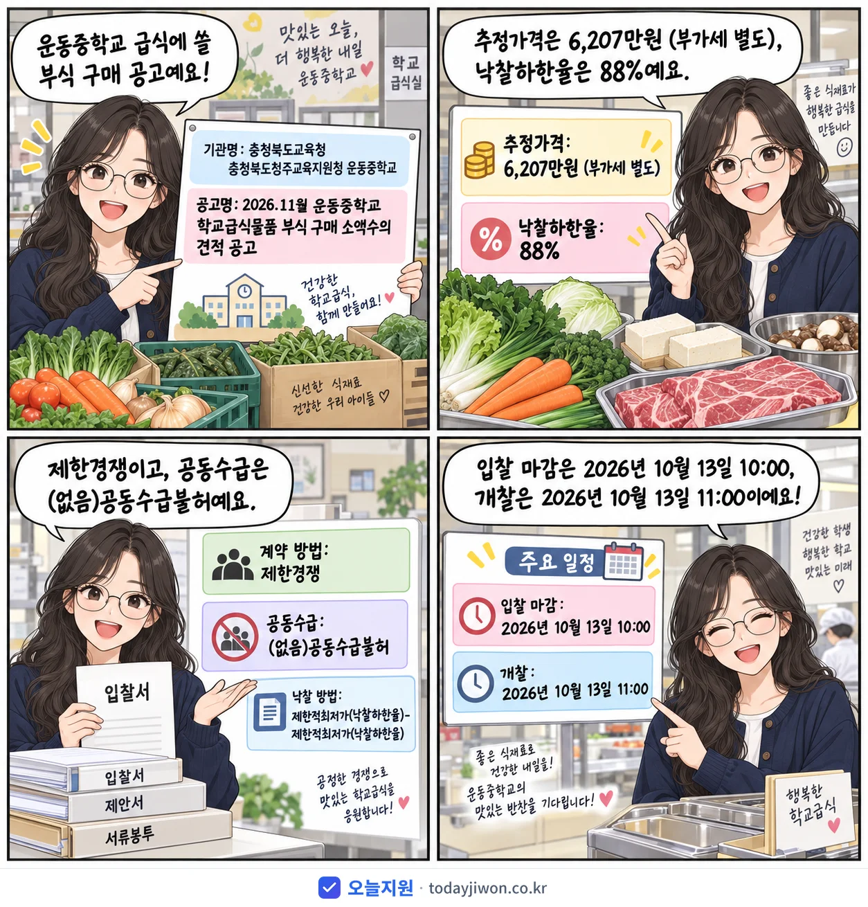 4컷 만화로 보는 공고: 충청북도교육청 충청북도청주교육지원청 운동중학교 '.11월 운동중학교 학교급식물품 부식 구매 소액수의 견적 공고', 추정가격 6,207만원, 입찰 마감 10/13 10:00