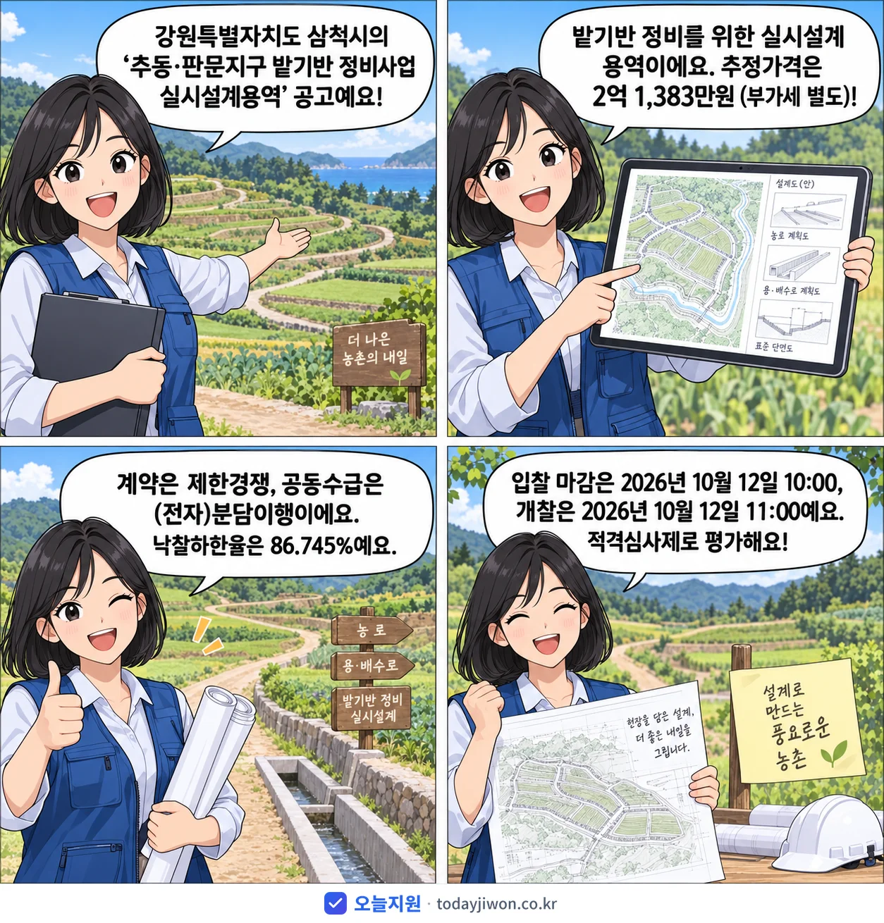 4컷 만화로 보는 공고: 강원특별자치도 삼척시 '추동·판문지구 밭기반 정비사업 실시설계용역', 추정가격 2억 1,383만원, 입찰 마감 10/12 10:00
