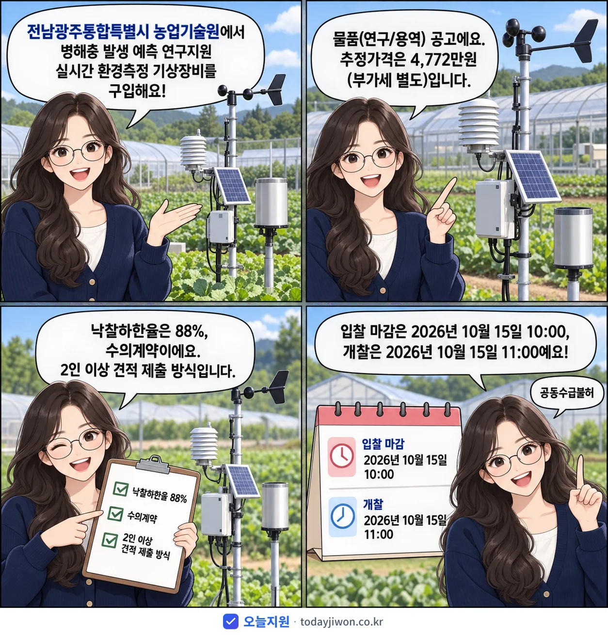 4컷 만화로 보는 공고: 전남광주통합특별시 농업기술원 '병해충 발생 예측 연구지원 실시간 환경측정 기상장비 구입', 추정가격 4,772만원, 입찰 마감 10/15 10:00