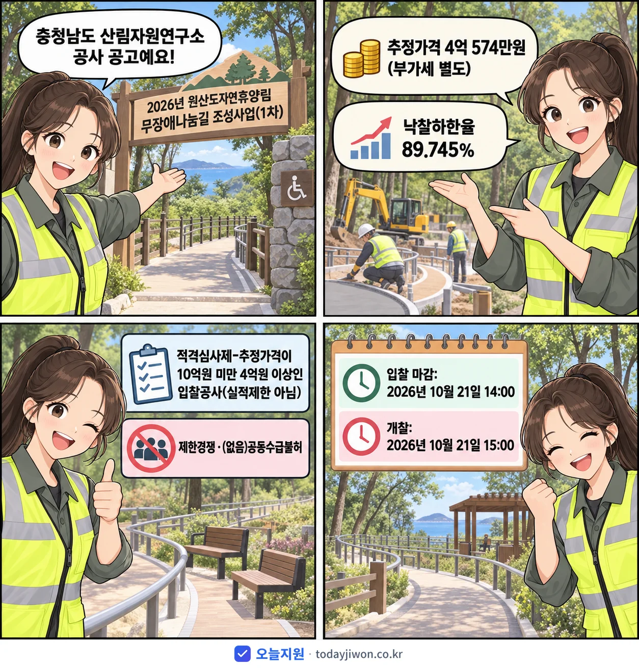 4컷 만화로 보는 공고: 충청남도 산림자원연구소 '원산도자연휴양림 무장애나눔길 조성사업(1차)', 추정가격 4억 574만원, 입찰 마감 10/21 14:00