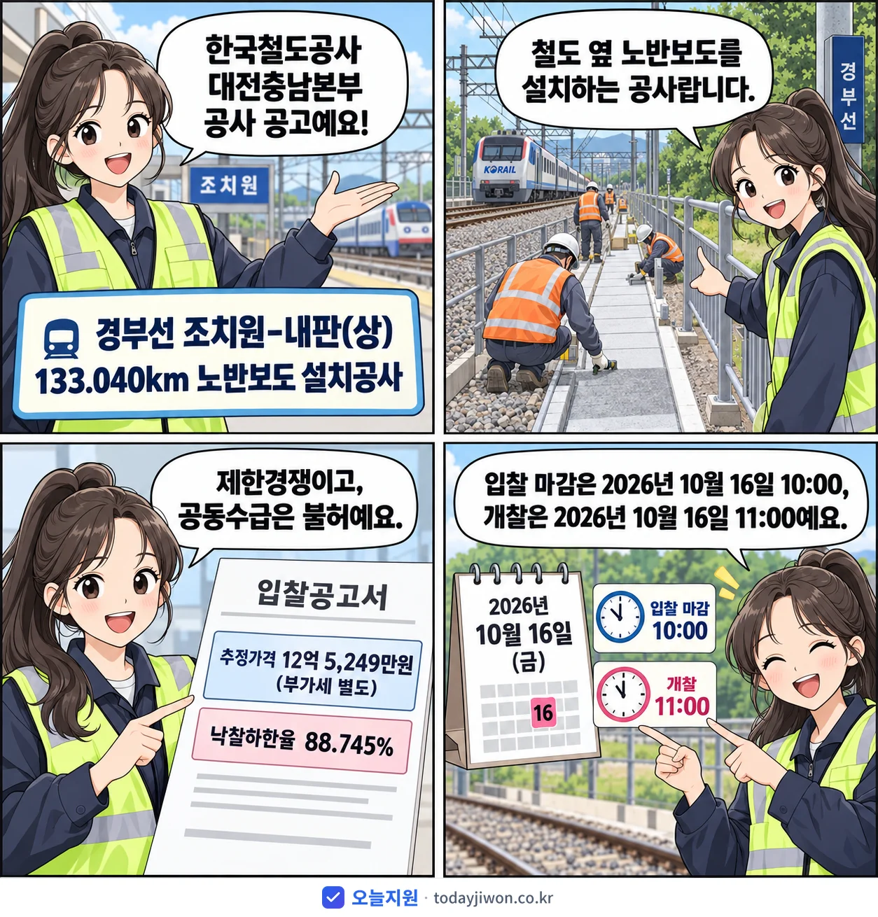 4컷 만화로 보는 공고: 한국철도공사 대전충남본부 '경부선 조치원-내판(상) 133.040km 노반보도 설치공사', 추정가격 12억 5,249만원, 입찰 마감 10/16 10:00