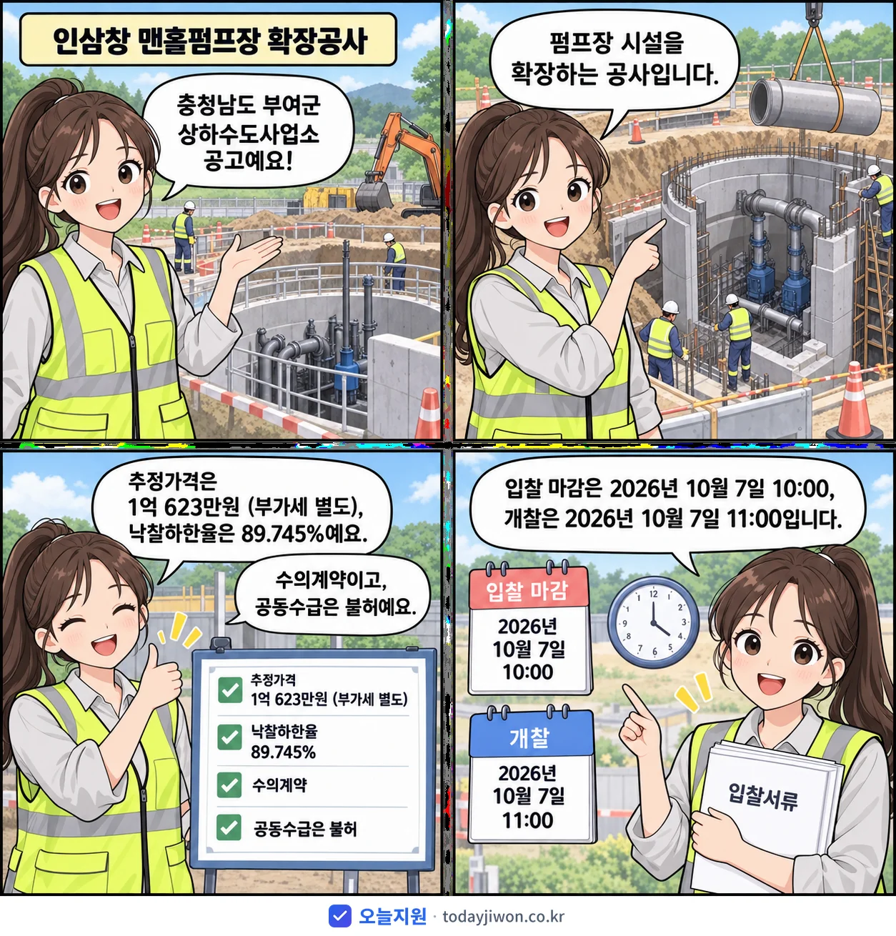 4컷 만화로 보는 공고: 충청남도 부여군 상하수도사업소 '인삼창 맨홀펌프장 확장공사', 추정가격 1억 623만원, 입찰 마감 10/7 10:00