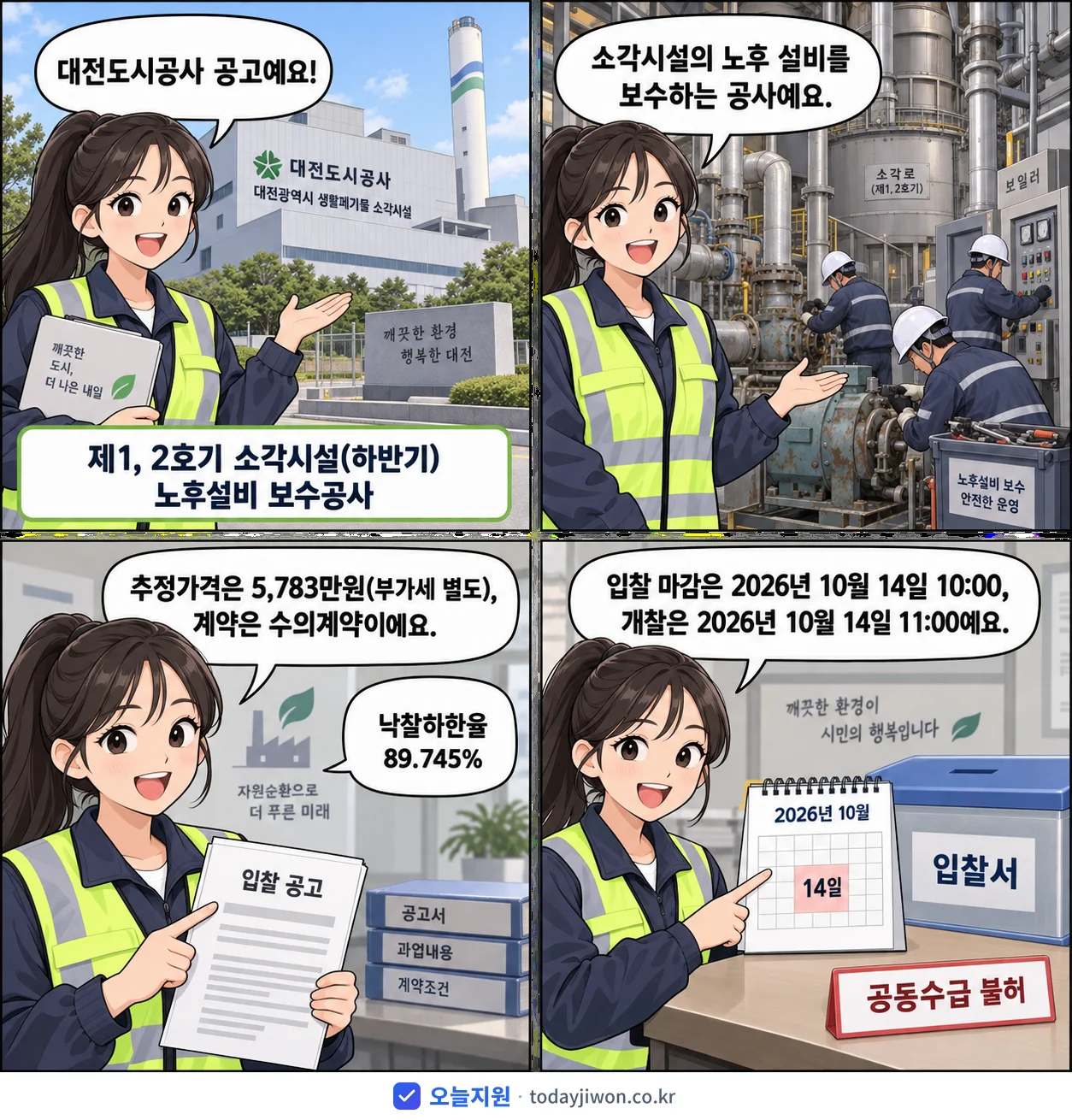 4컷 만화로 보는 공고: 대전도시공사 '제1, 2호기 소각시설(하반기) 노후설비 보수공사', 추정가격 5,783만원, 입찰 마감 10/14 10:00