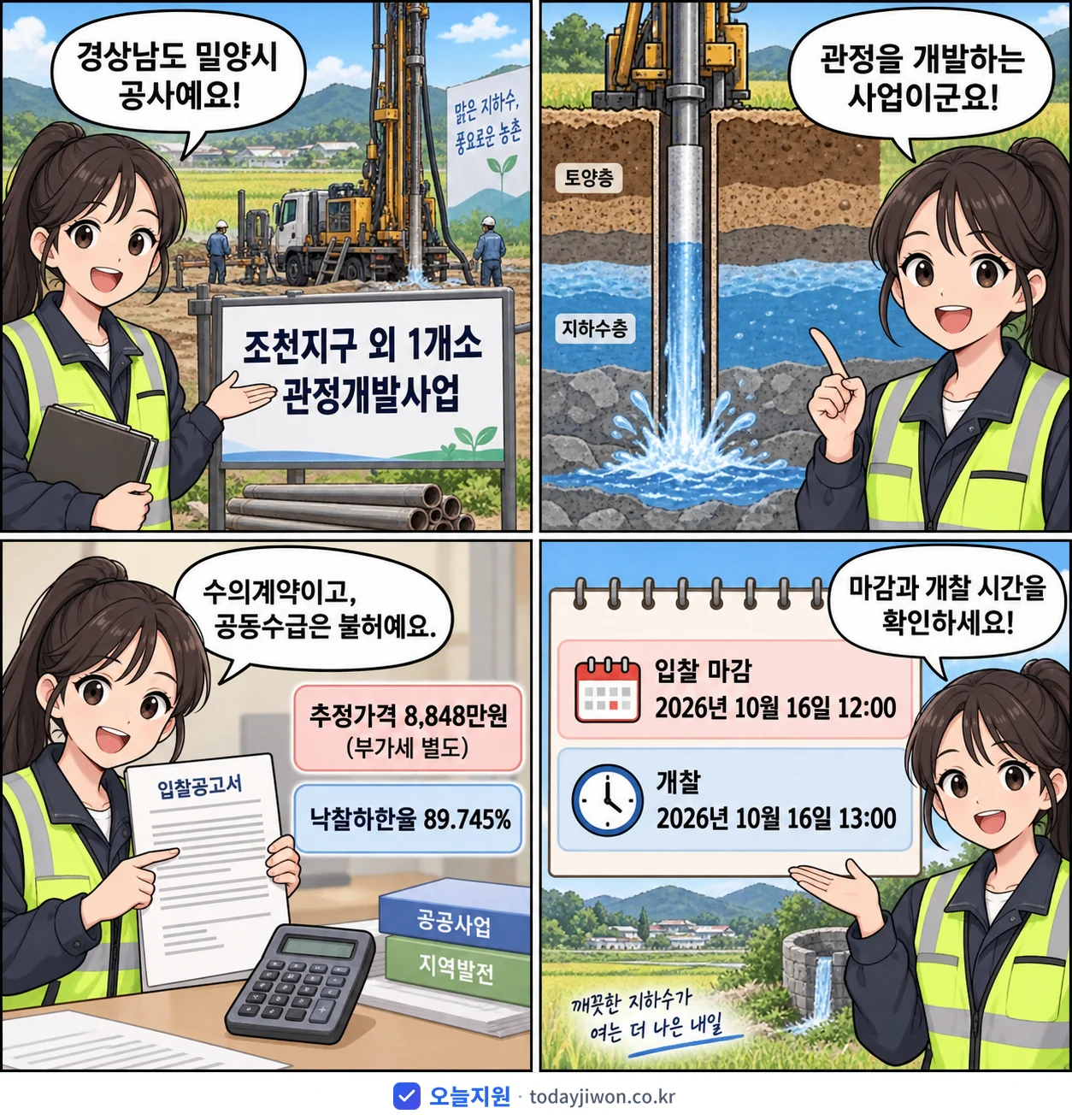 4컷 만화로 보는 공고: 경상남도 밀양시 '조천지구 외 1개소 관정개발사업', 추정가격 8,848만원, 입찰 마감 10/16 12:00