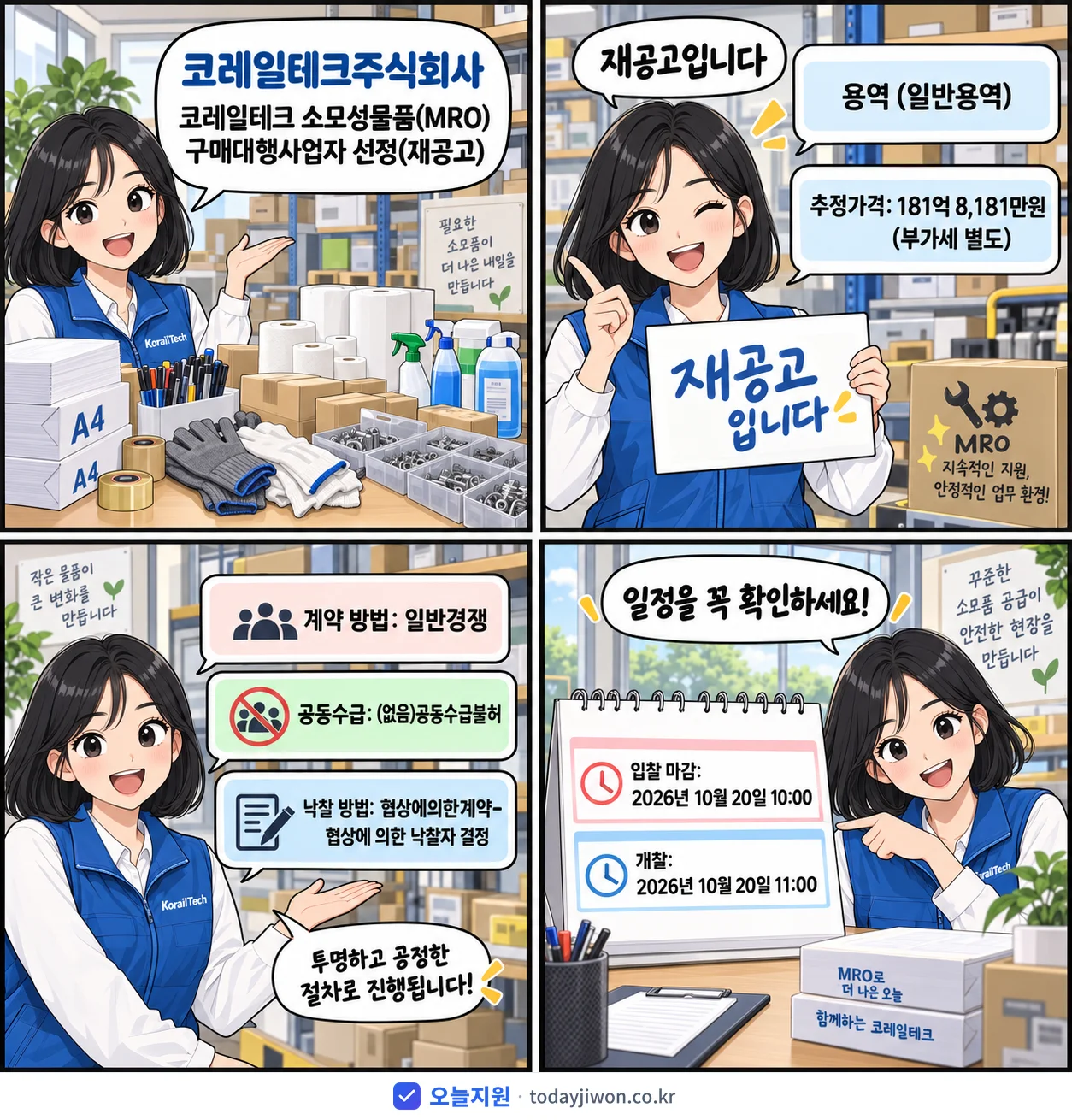 4컷 만화로 보는 공고: 코레일테크주식회사 '코레일테크 소모성물품(MRO) 구매대행사업자 선정', 추정가격 181억 8,181만원, 입찰 마감 10/20 10:00