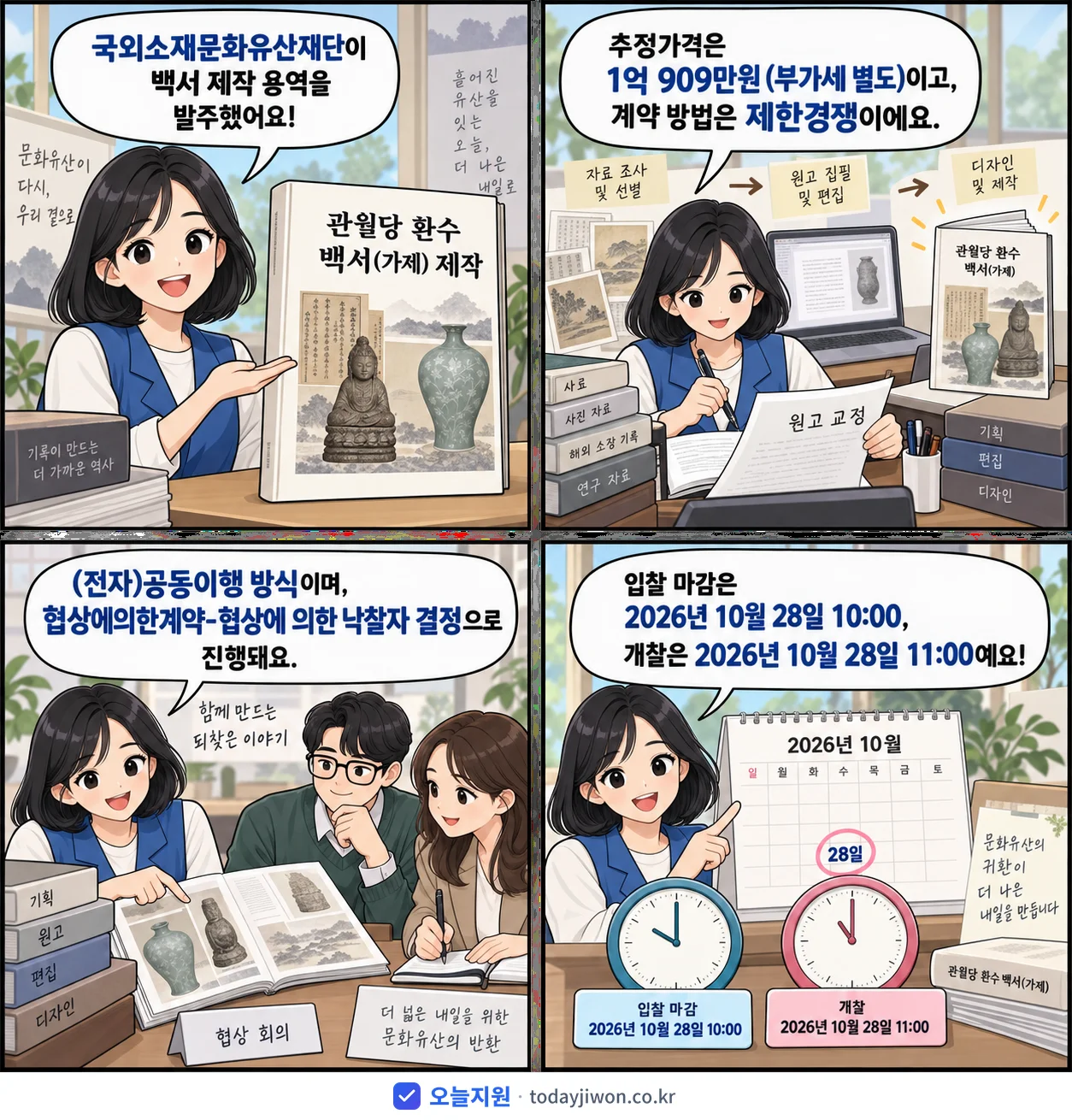 4컷 만화로 보는 공고: 국외소재문화유산재단 '관월당 환수 백서(가제) 제작', 추정가격 1억 909만원, 입찰 마감 10/28 10:00