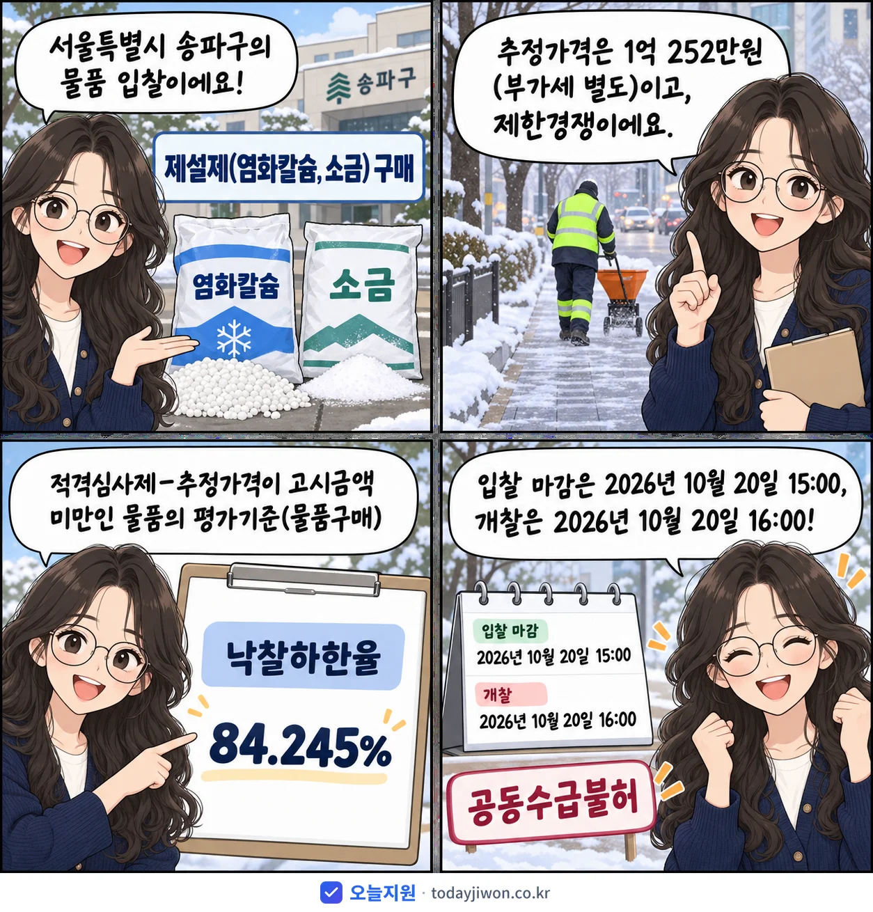 4컷 만화로 보는 공고: 서울특별시 송파구 '제설제(염화칼슘, 소금) 구매', 추정가격 1억 252만원, 입찰 마감 10/20 15:00
