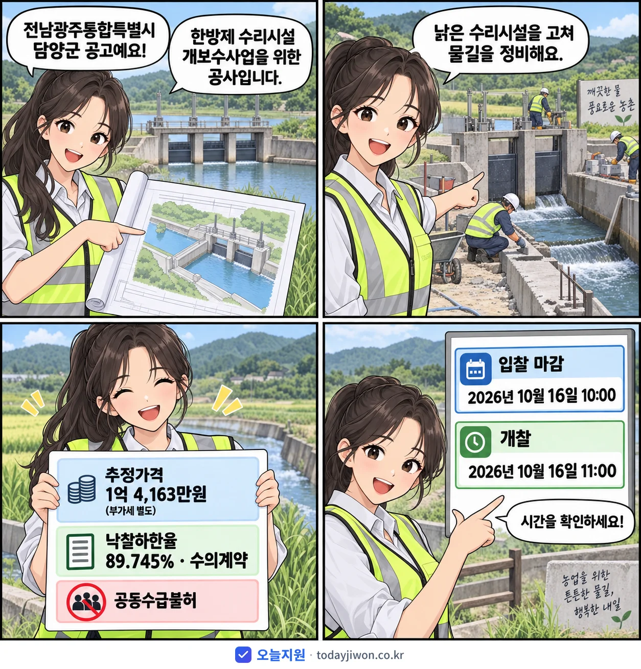 4컷 만화로 보는 공고: 전남광주통합특별시 담양군 '한방제 수리시설 개보수사업', 추정가격 1억 4,163만원, 입찰 마감 10/16 10:00