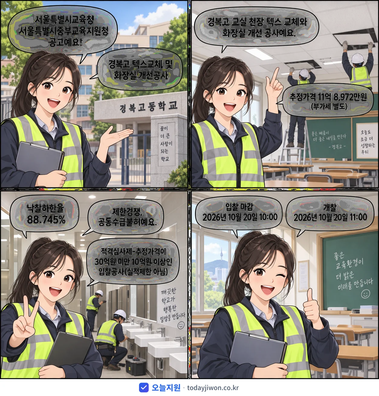 4컷 만화로 보는 공고: 서울특별시교육청 서울특별시중부교육지원청 '경복고 텍스교체 및 화장실 개선공사', 추정가격 11억 8,972만원, 입찰 마감 10/20 10:00