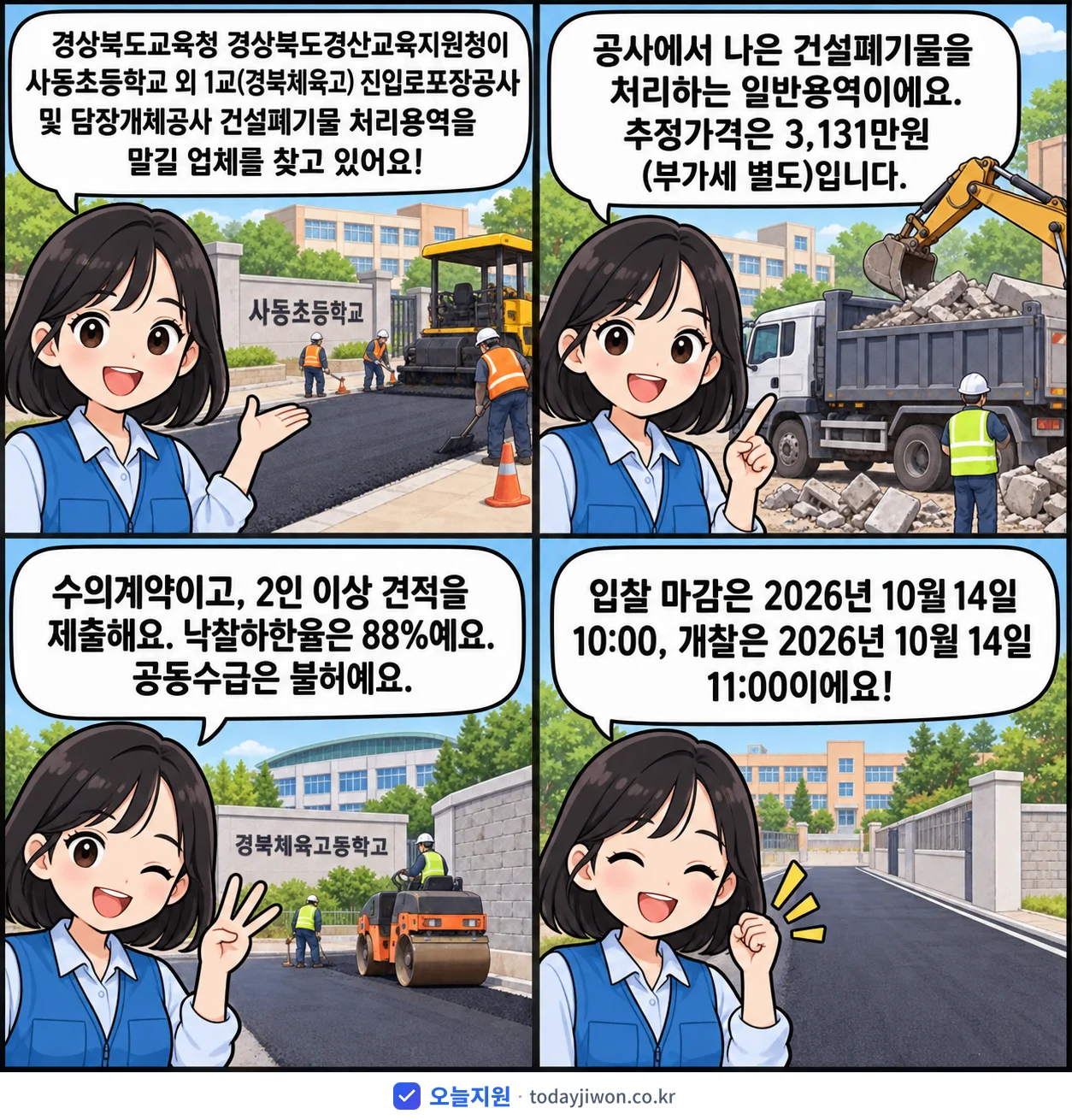 4컷 만화로 보는 공고: 경상북도교육청 경상북도경산교육지원청 '사동초등학교 외 1교(경북체육고) 진입로포장공사 및 담장개체공사 건설폐…', 추정가격 3,131만원, 입찰 마감 10/14 10:00