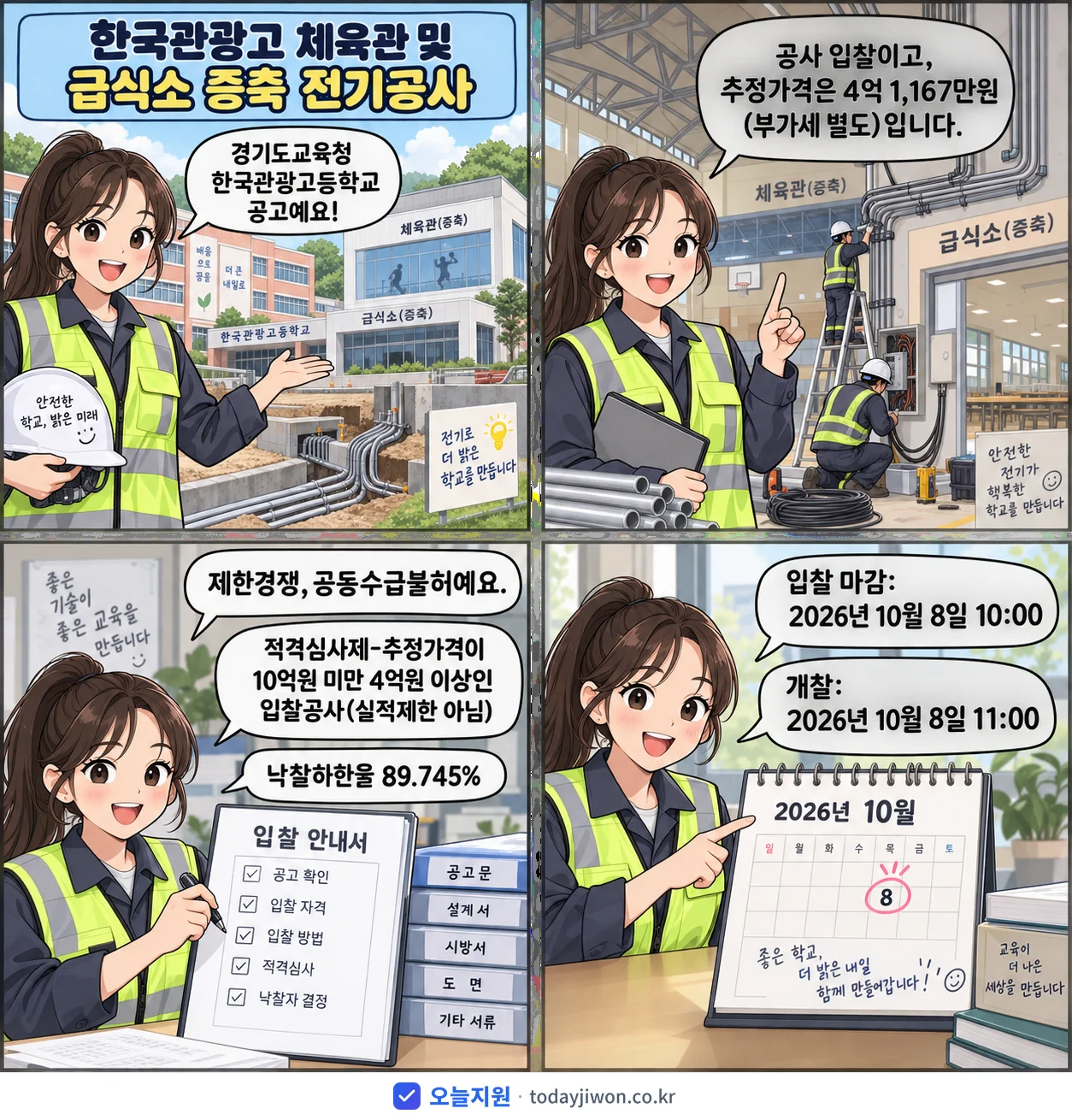 4컷 만화로 보는 공고: 경기도교육청 한국관광고등학교 '한국관광고 체육관 및 급식소 증축 전기공사', 추정가격 4억 1,167만원, 입찰 마감 10/8 10:00